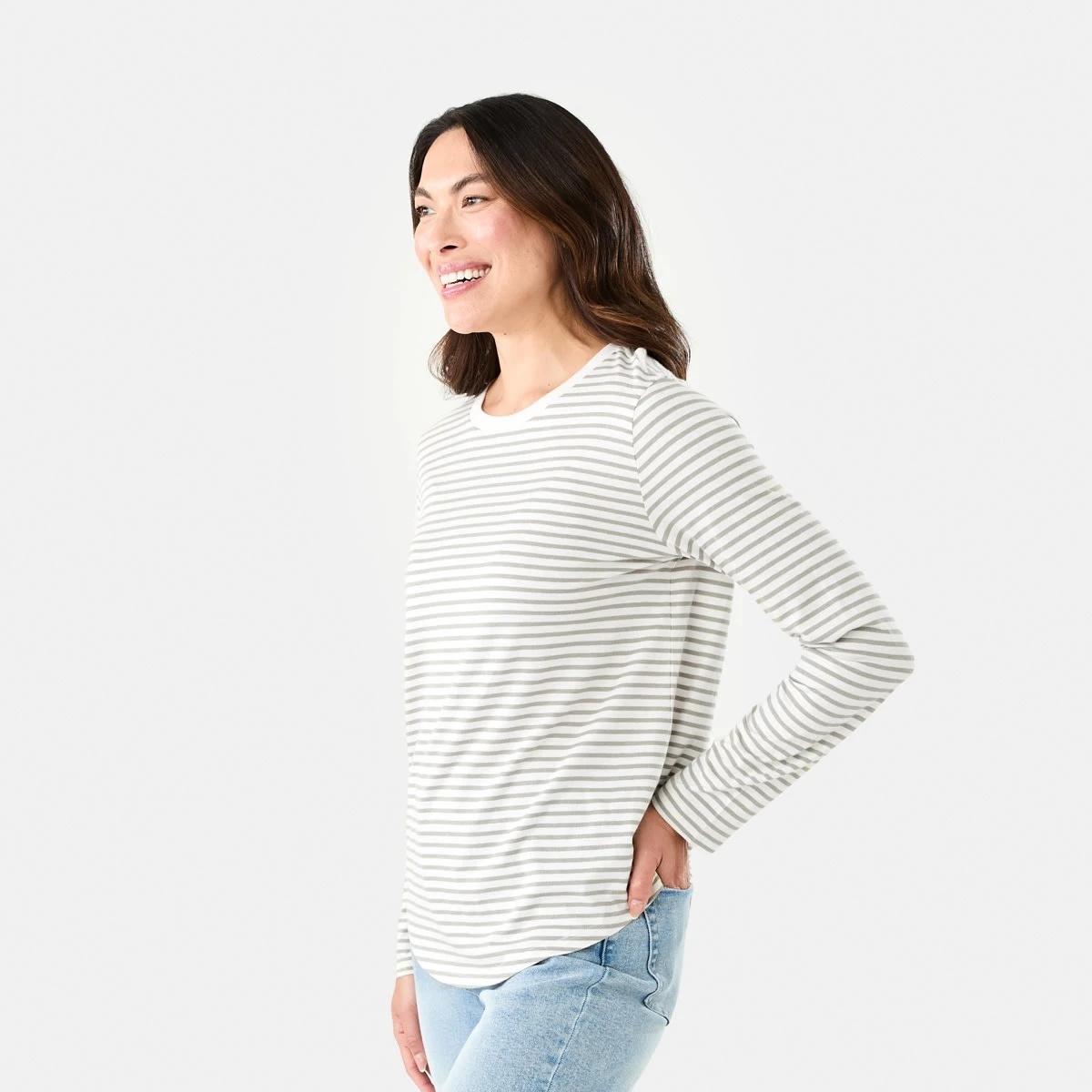 2 Long Sleeve Cotton Modal T-shirt 2 TONE STRIPE STRIPE SOFT KHAKI, 2 of 6