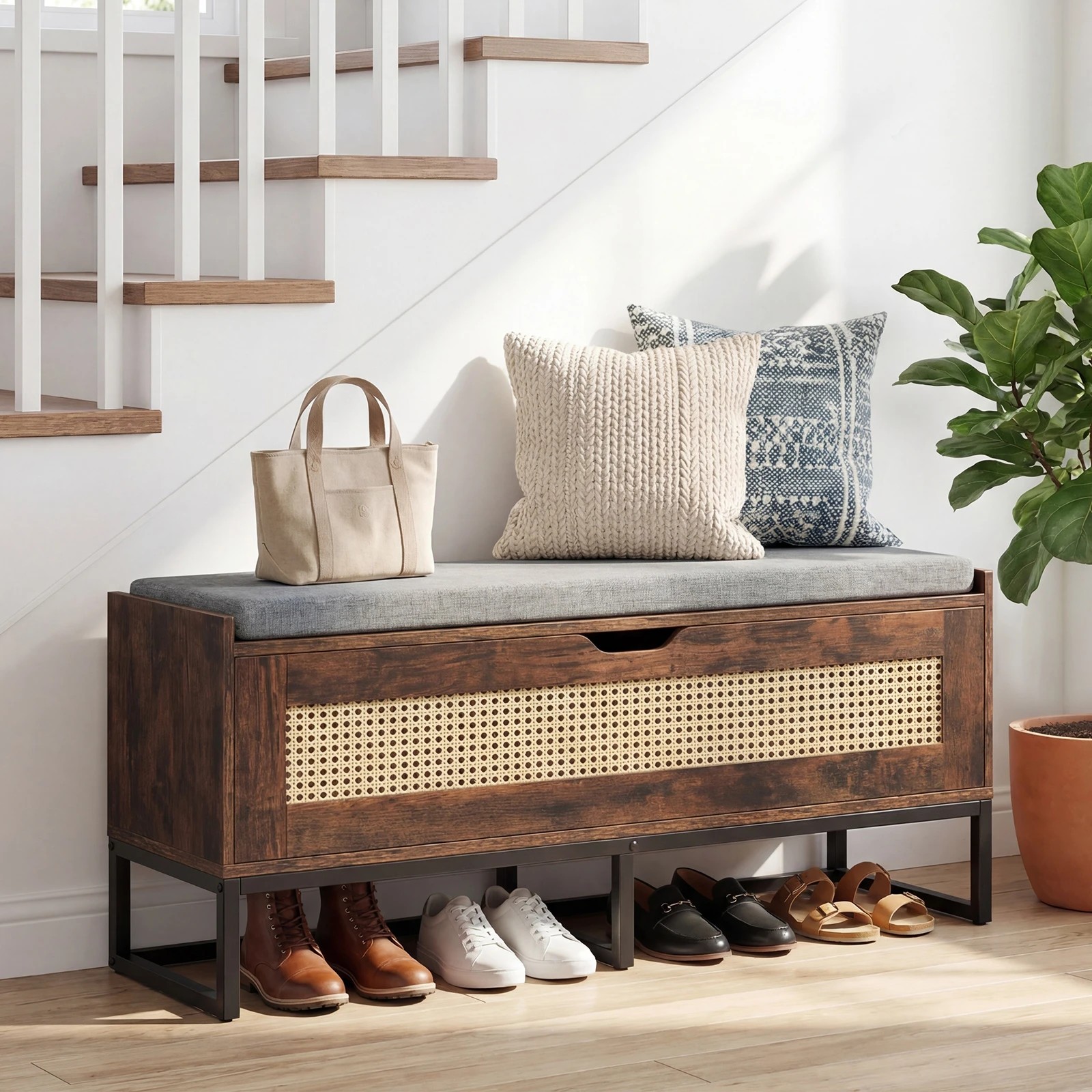 2 Costway 100cm Shoe Bench Cabinet Rattan Storage Chest Hallway Flip Top Box Padded Seat - Brown, 2 of 5