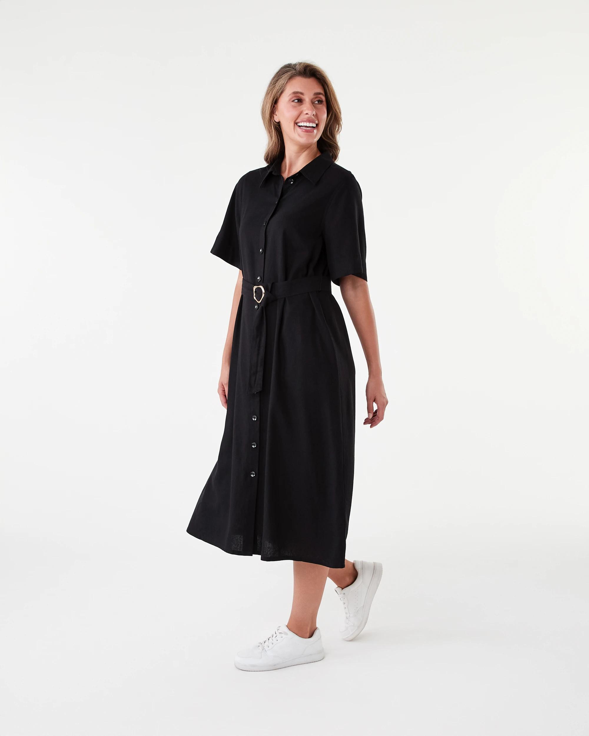 2 Short Sleeve Belted Midi Shirt Dress Black, 2 of 7