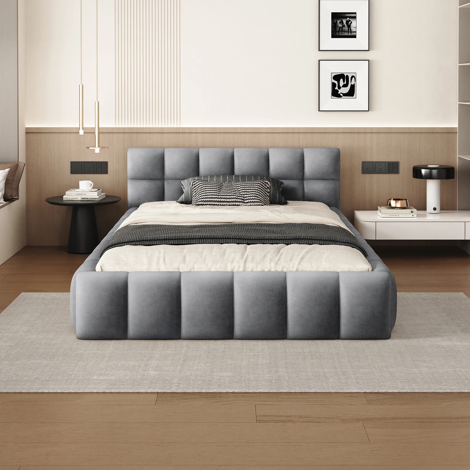 3 Alfordson Bed Frame King Single Tufted Headboard Foundation Velvet Talmon - Grey, 3 of 10