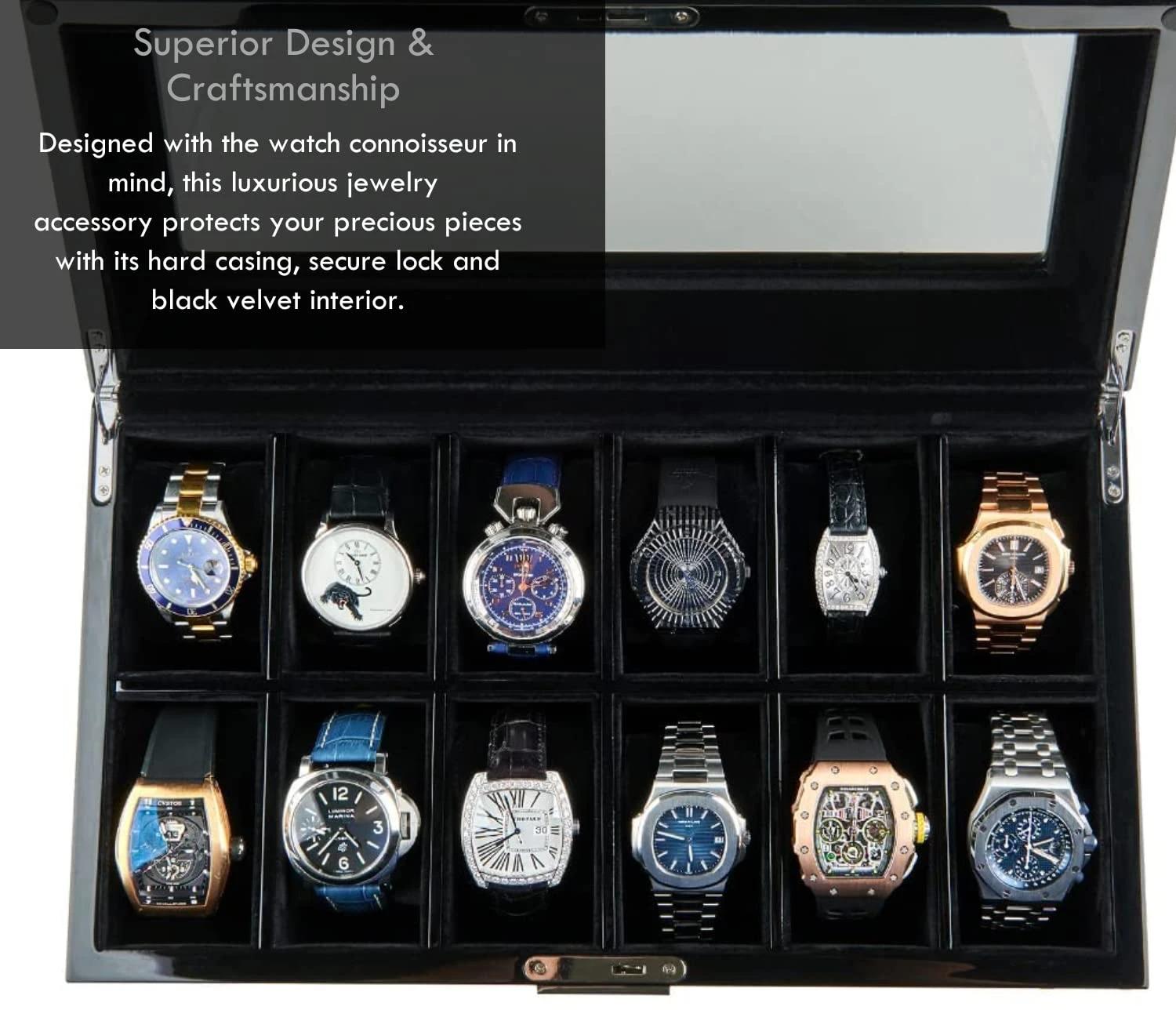 8 HAWK & GABLE 12 Slot Watch Box Organizer Luxury Jewellery Case BLACK, 8 of 8