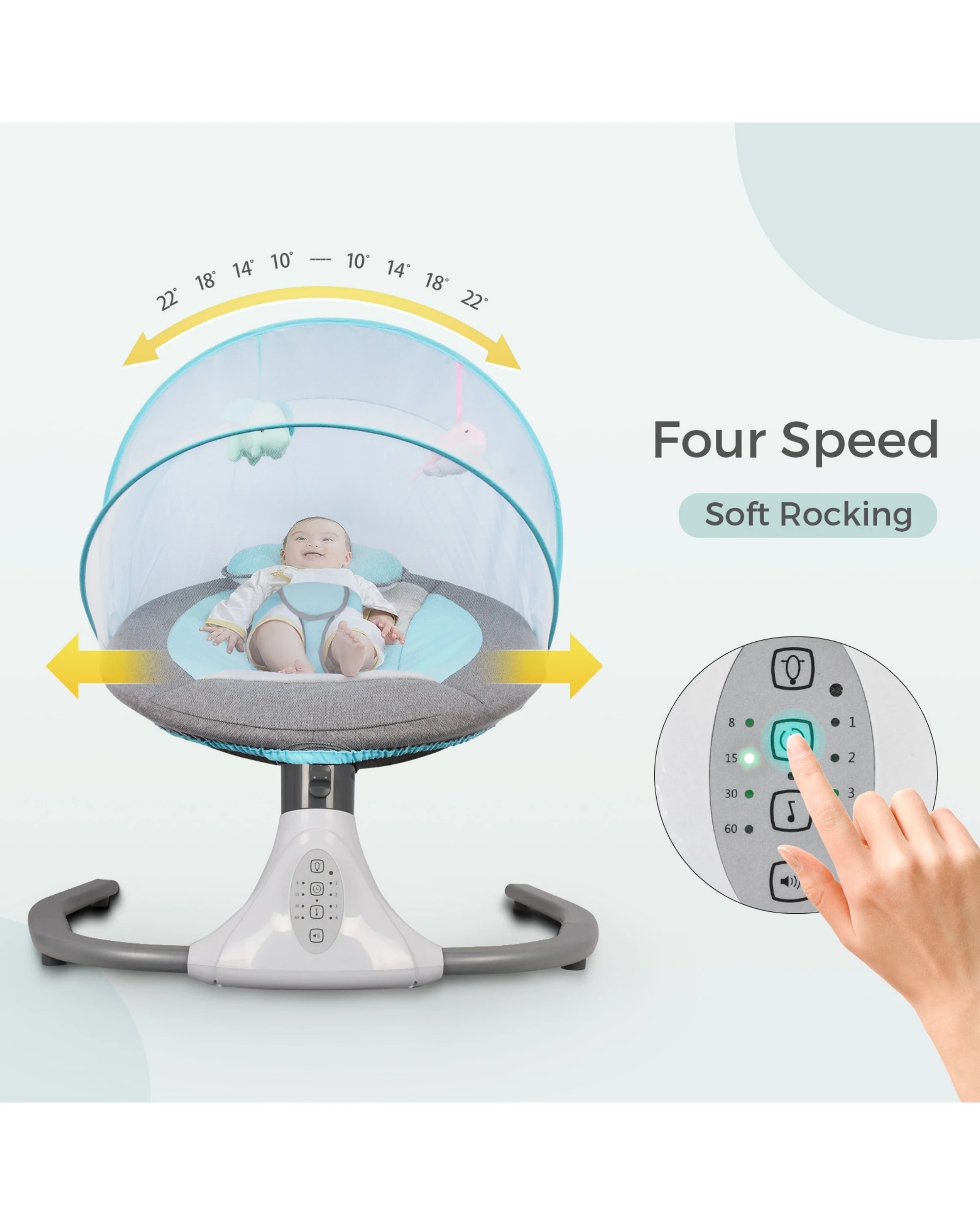 6 Advwin Electric Baby Swing Baby Bouncer Rocker with Mosquito Net Toddler Seat Soft Peachskin Blue, 6 of 9