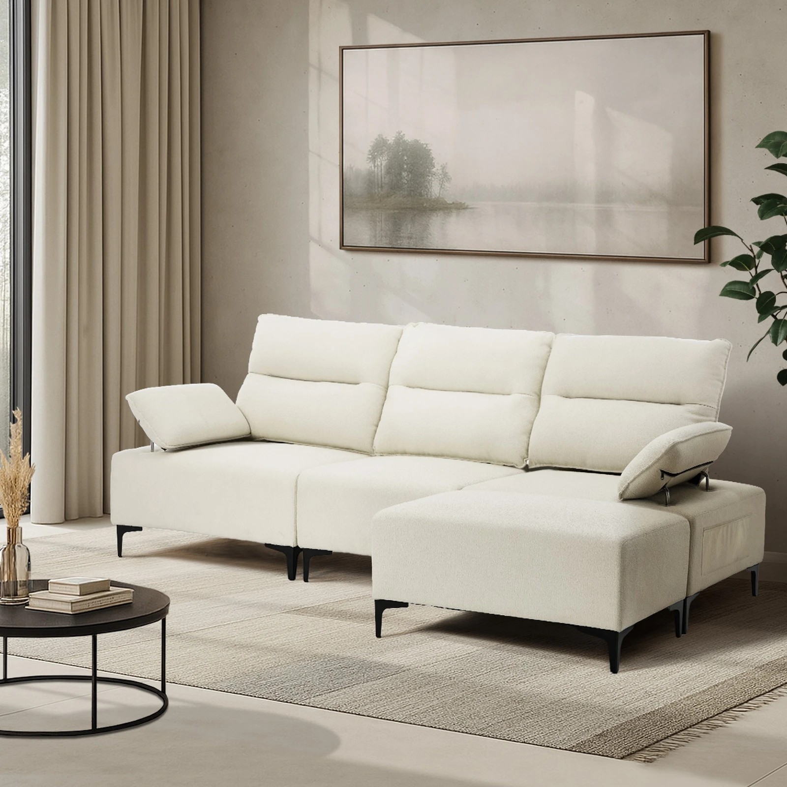 4 Oikiture 4 Seater Chenille Modular Sofa Couch Ottoman - Beige, 4 of 10