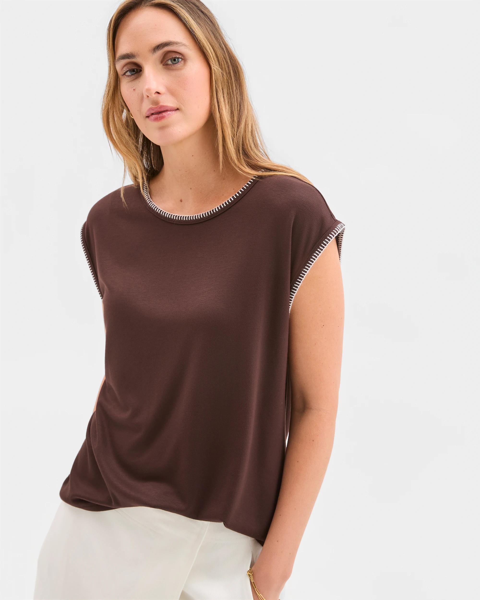 3 Target Woman Short Sleeve Blanket Stitch T-Shirt ESPRESSO/CLOUD DANCER, 3 of 6