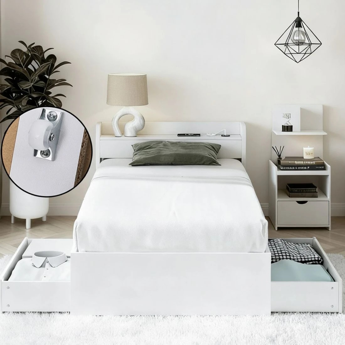 7 Artiss Single Bed Frame  with Charging Ports and Bedside Table - White, 7 of 10