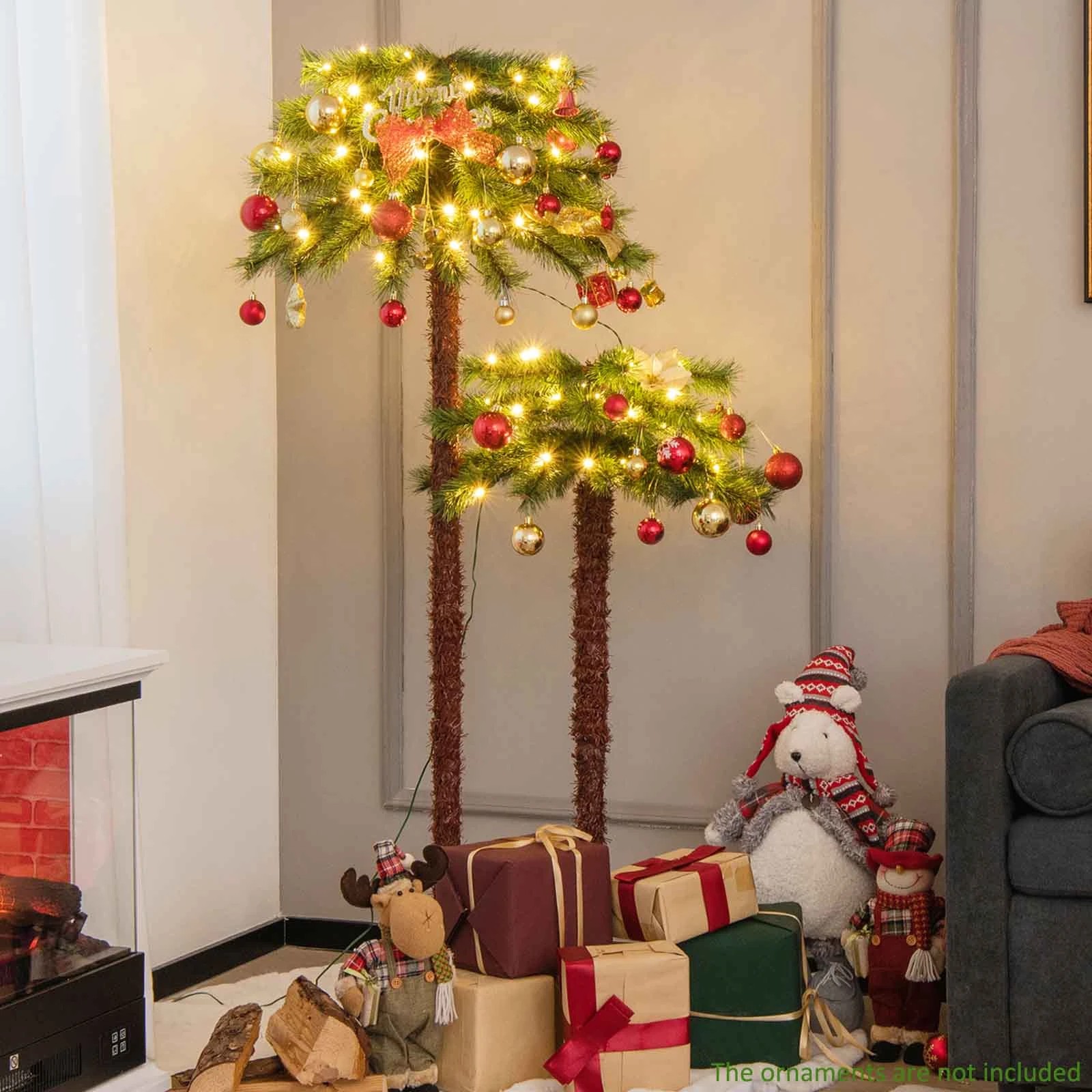 2 Costway 1.5+1m Artificial Palm Tree Set 100 LED Pre-Lit Christmas Tree Holiday Decoration, 2 of 2