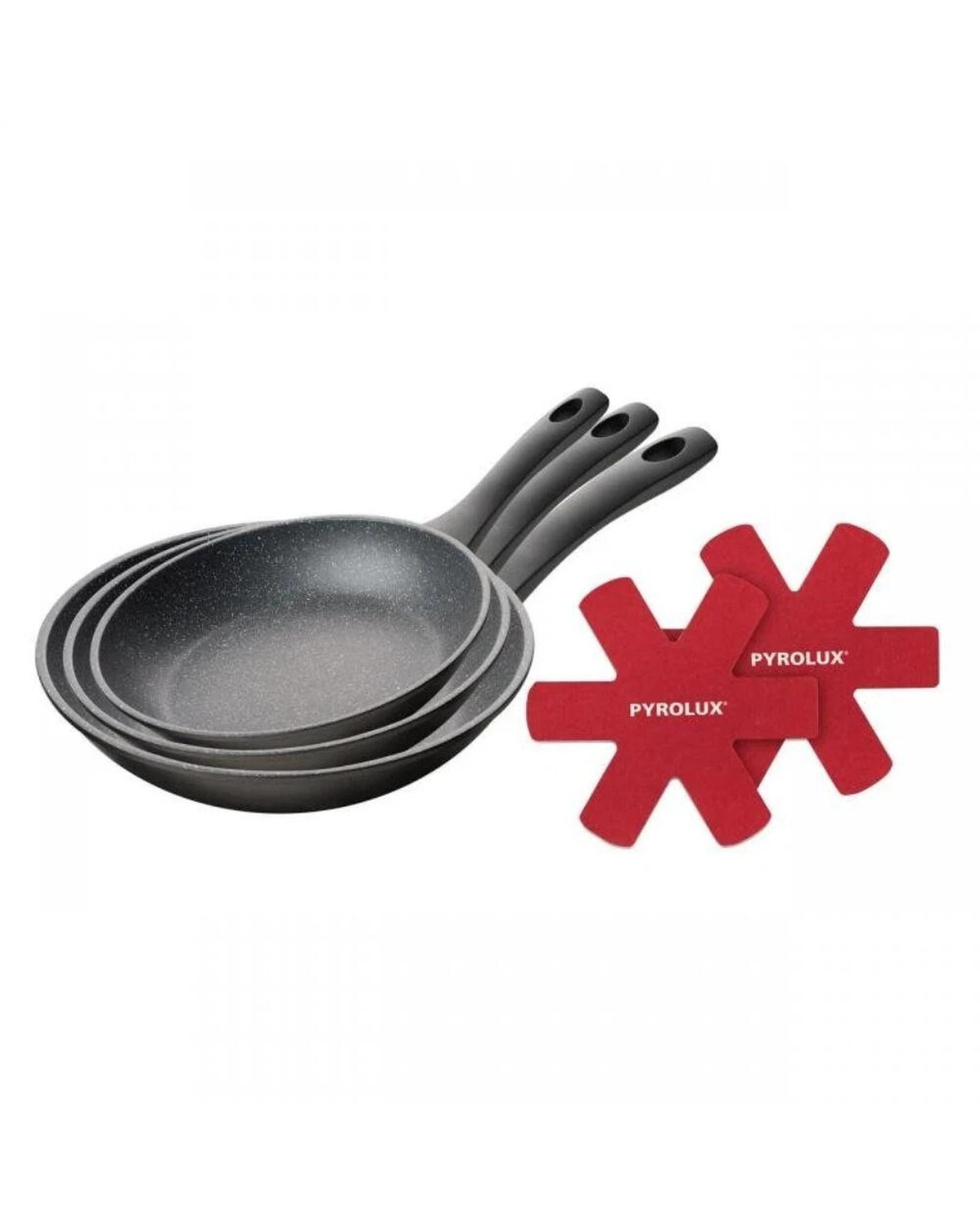 1 Pyrolux Pyrostone 3 Piece Frypan Set  2 Felt Protectors, 1 of 2