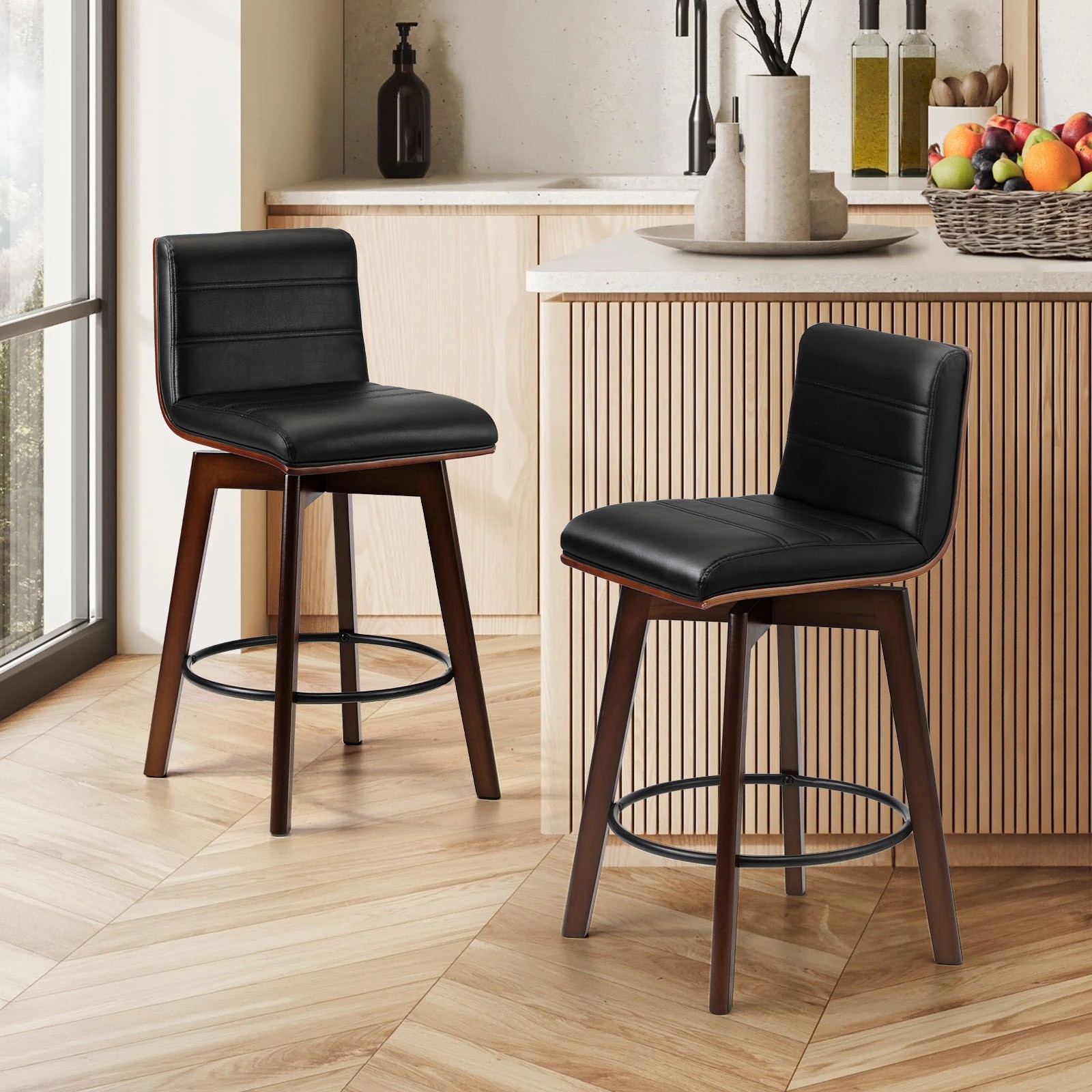 2 Oikiture 2x Wooden Bar Stools Kitchen Counter Swivel Dining Chair Pu Leather
 - Black, 2 of 9