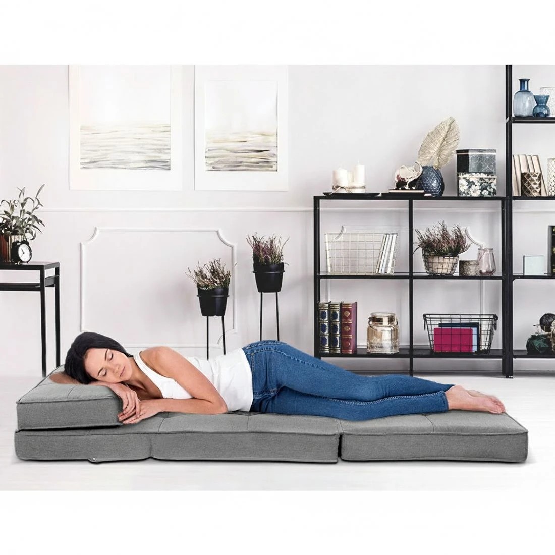 3 Artiss Floor Lounge Single Sofa Bed  Fabric - Grey, 3 of 6