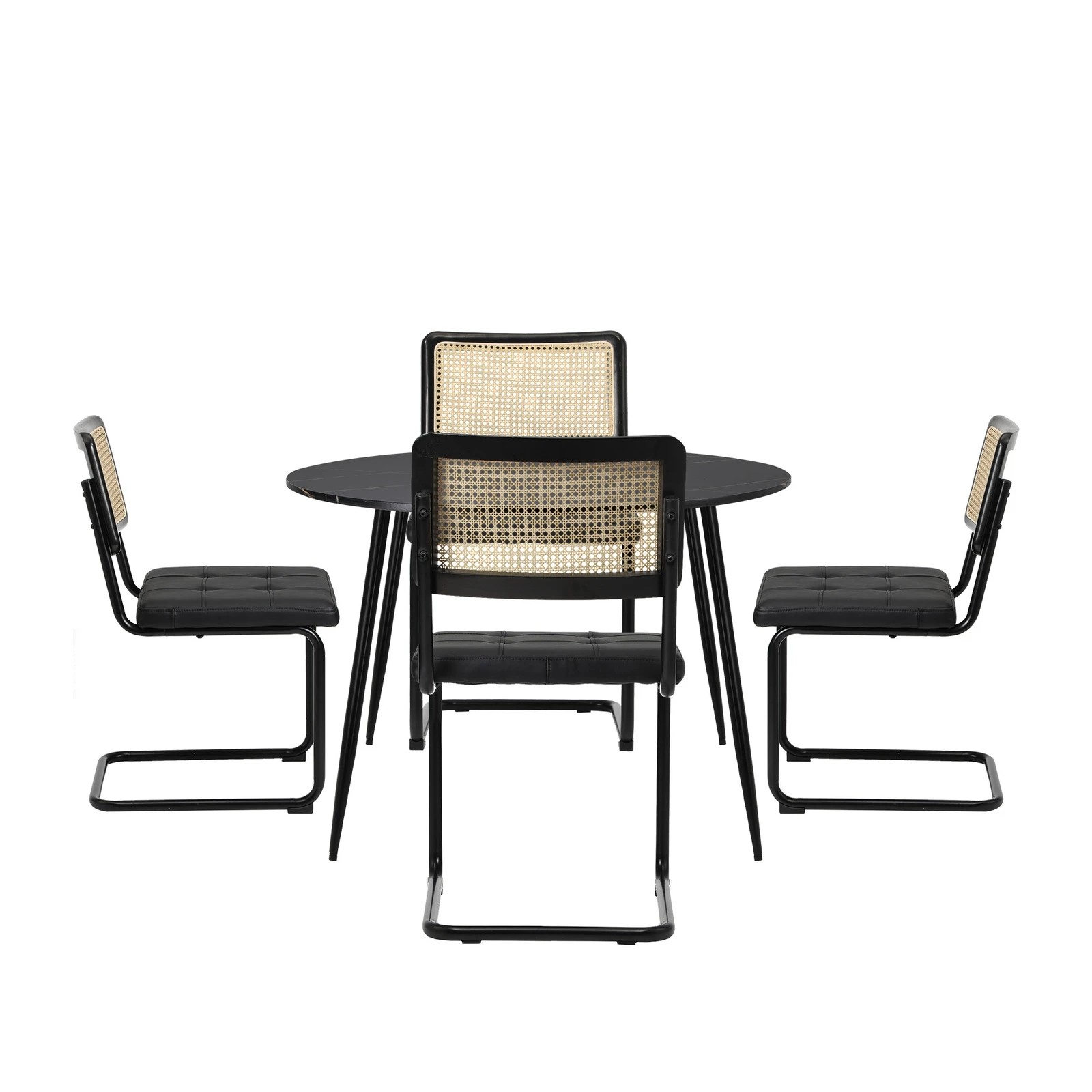 8 Oikiture 5PCS Dining Table Set 1.1m Round Dining Table and Chairs PU Leather Padded Seat - Black, 8 of 9