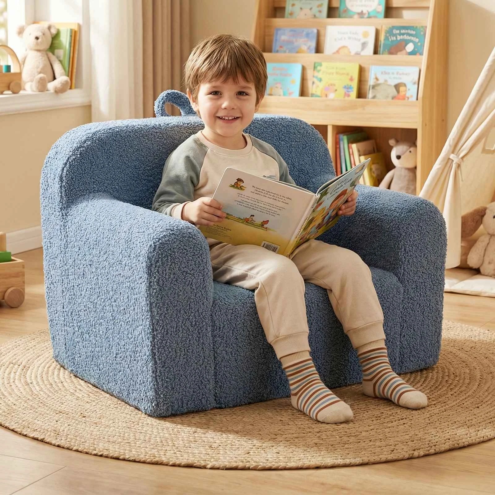 2 Costway Foam Couch Teddy Fleece Fabric Sofa Cute Reading Chair w/Handle - Blue, 2 of 2