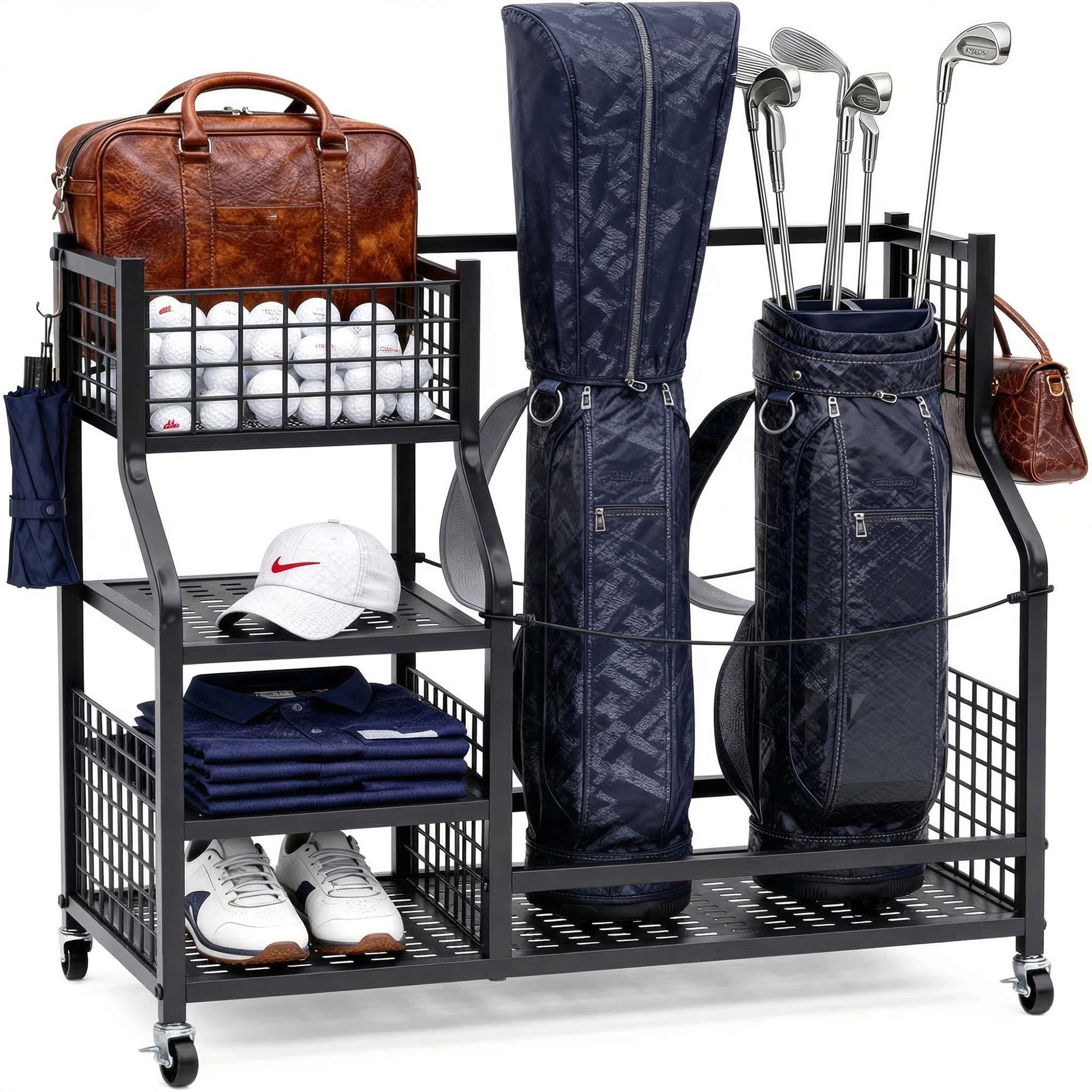 3 Advwin Golf Bag Storage Organiser with Lockable Wheels - Black, 3 of 9