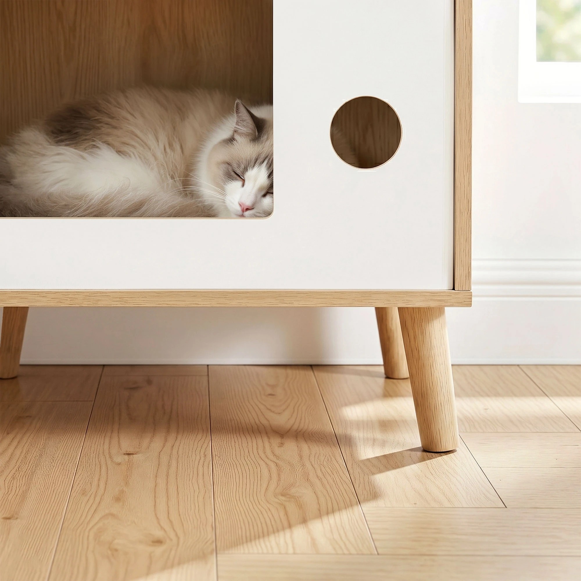 5 Artiss Cat Nest House Bedside Table Solid Wood Storage Cat Bed 60cm - Natural, 5 of 7