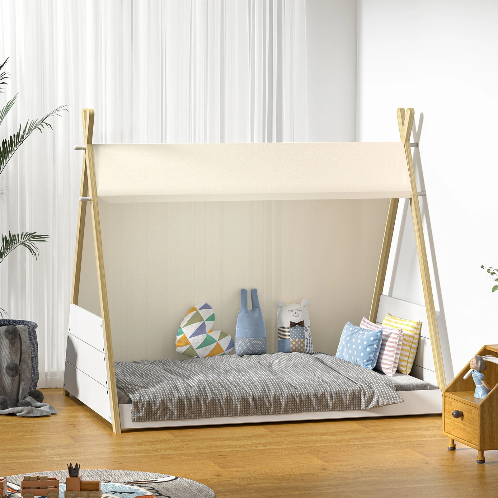 3 Oikiture Kids Bed Frame Wooden Timber Single Canvas Teepee Bed Frame Platform
 - Multi, 3 of 10