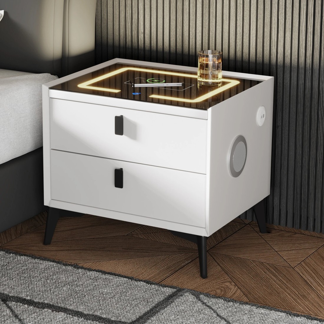 1 Oikiture Smart Bedside Table Led Wireless Charging 2 Drawers Nightstand
 - White, 1 of 3