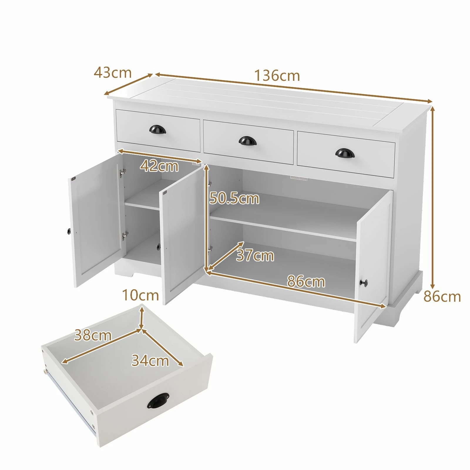3 Costway Kitchen Buffet 3 Doors White, 3 of 4