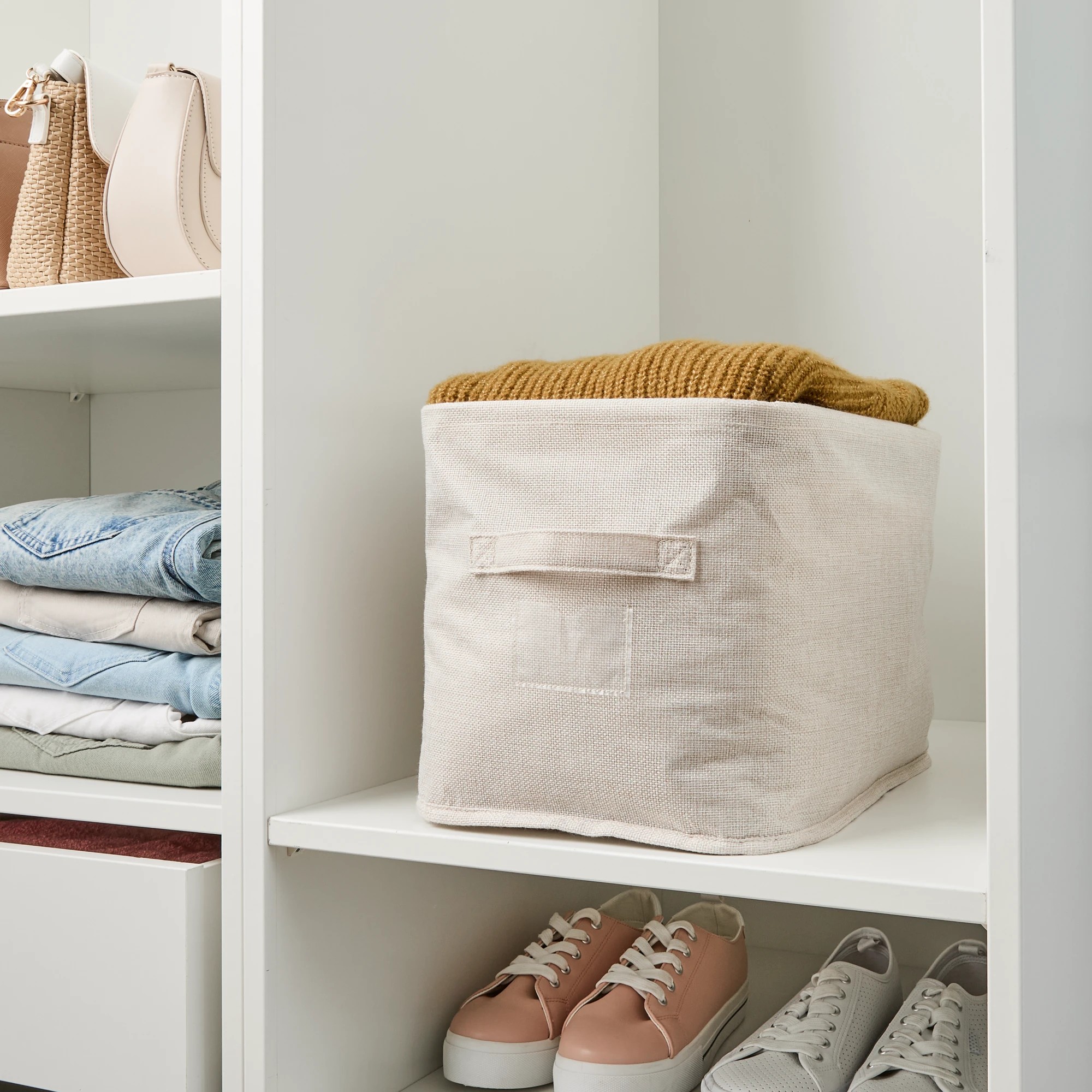 1 Linen Look Short Organiser - Narrow, Beige, 1 of 9