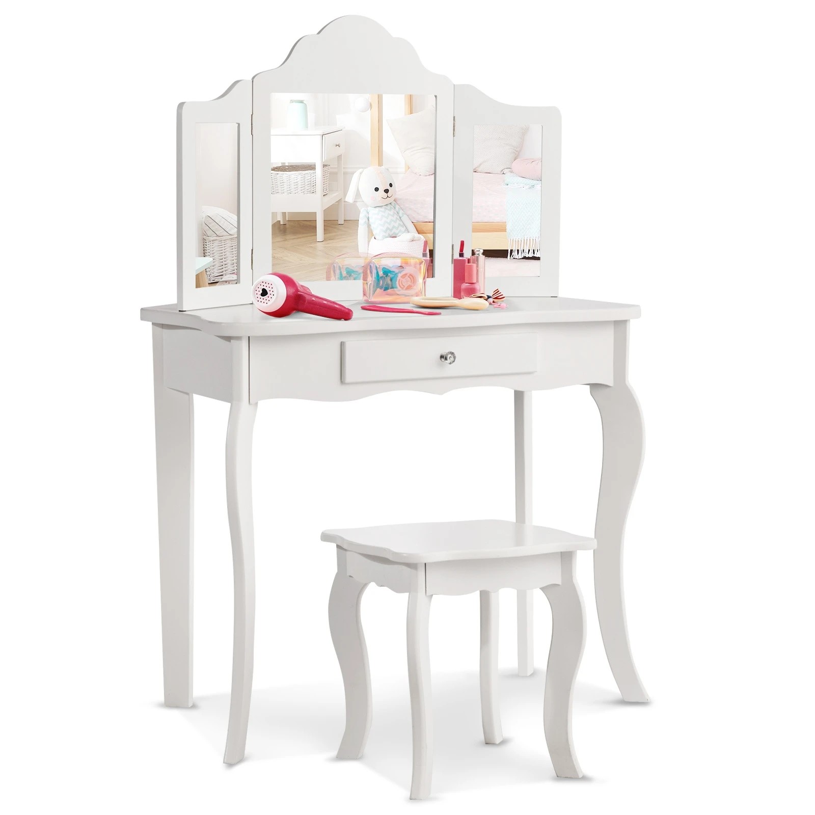 1 Costway Makeup Dressing Table Stool Set Folding Mirror Princess Vanity Writing Desk - White, 1 of 3