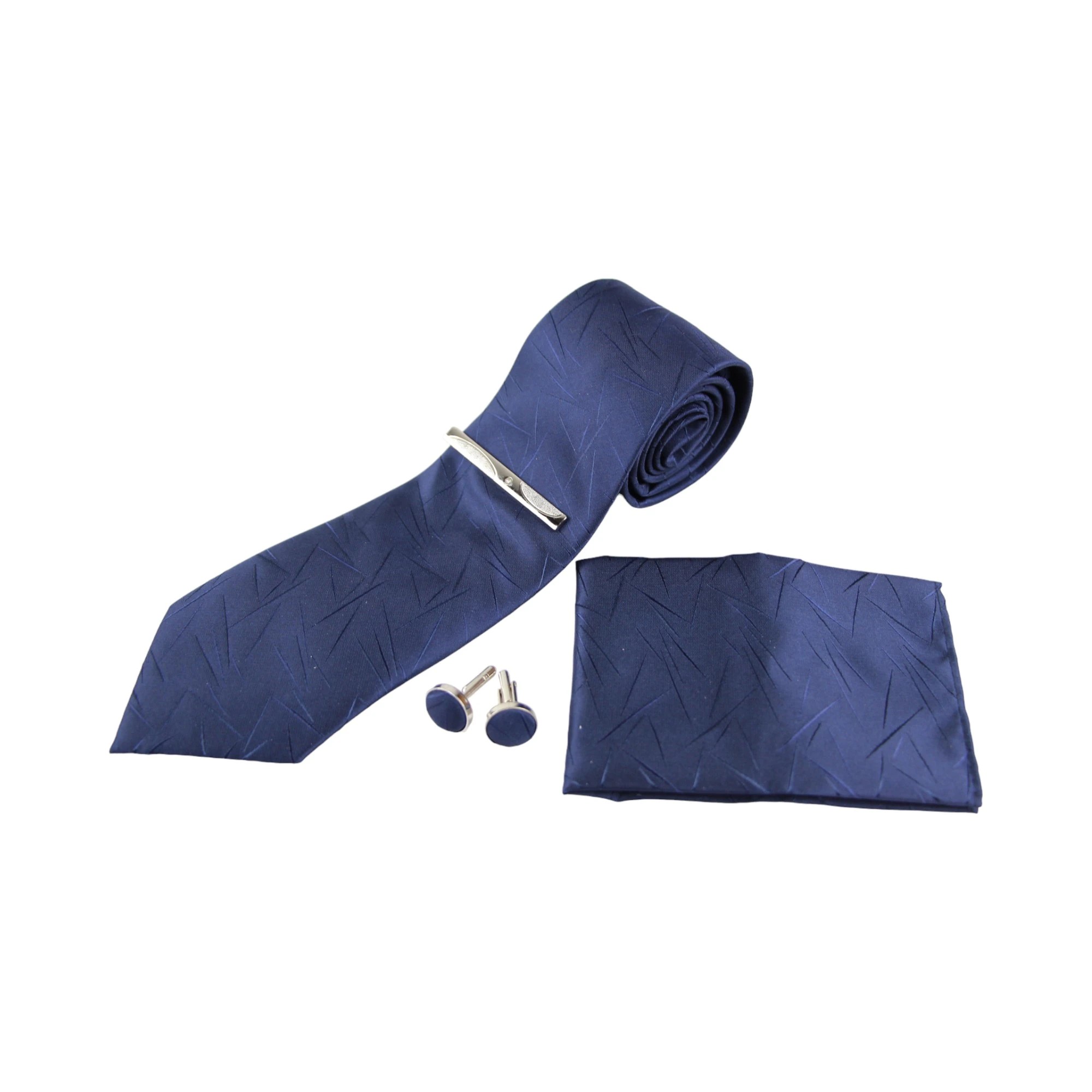 3 Zasel Mens Lines Matching Neck Tie, Pocket Square, Cuff Links And Tie Clip Set - Blue, 3 of 3