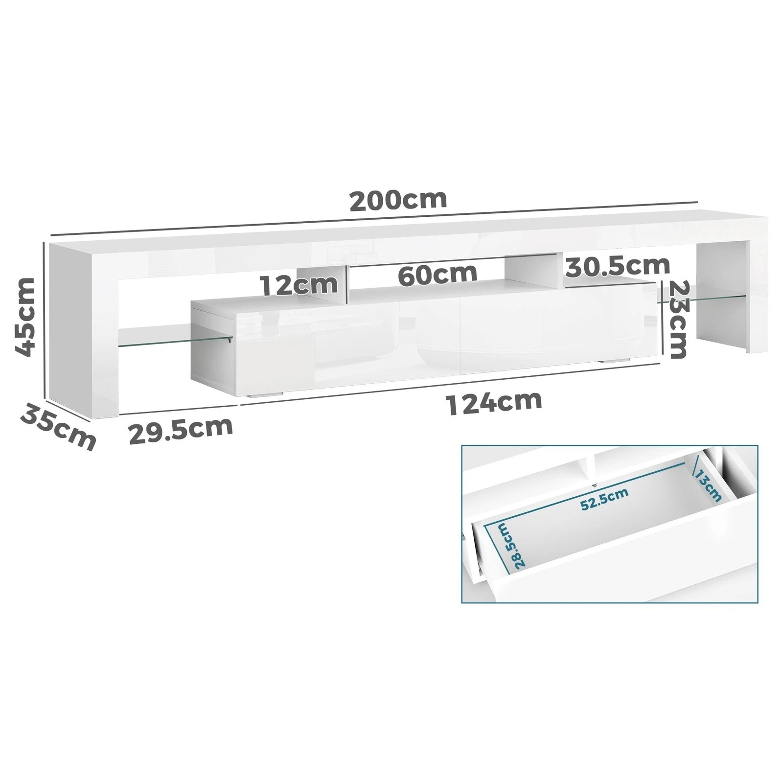2 Alfordson Entertainment Unit 200cm TV Stand LED Light Storage Gloss - White, 2 of 10