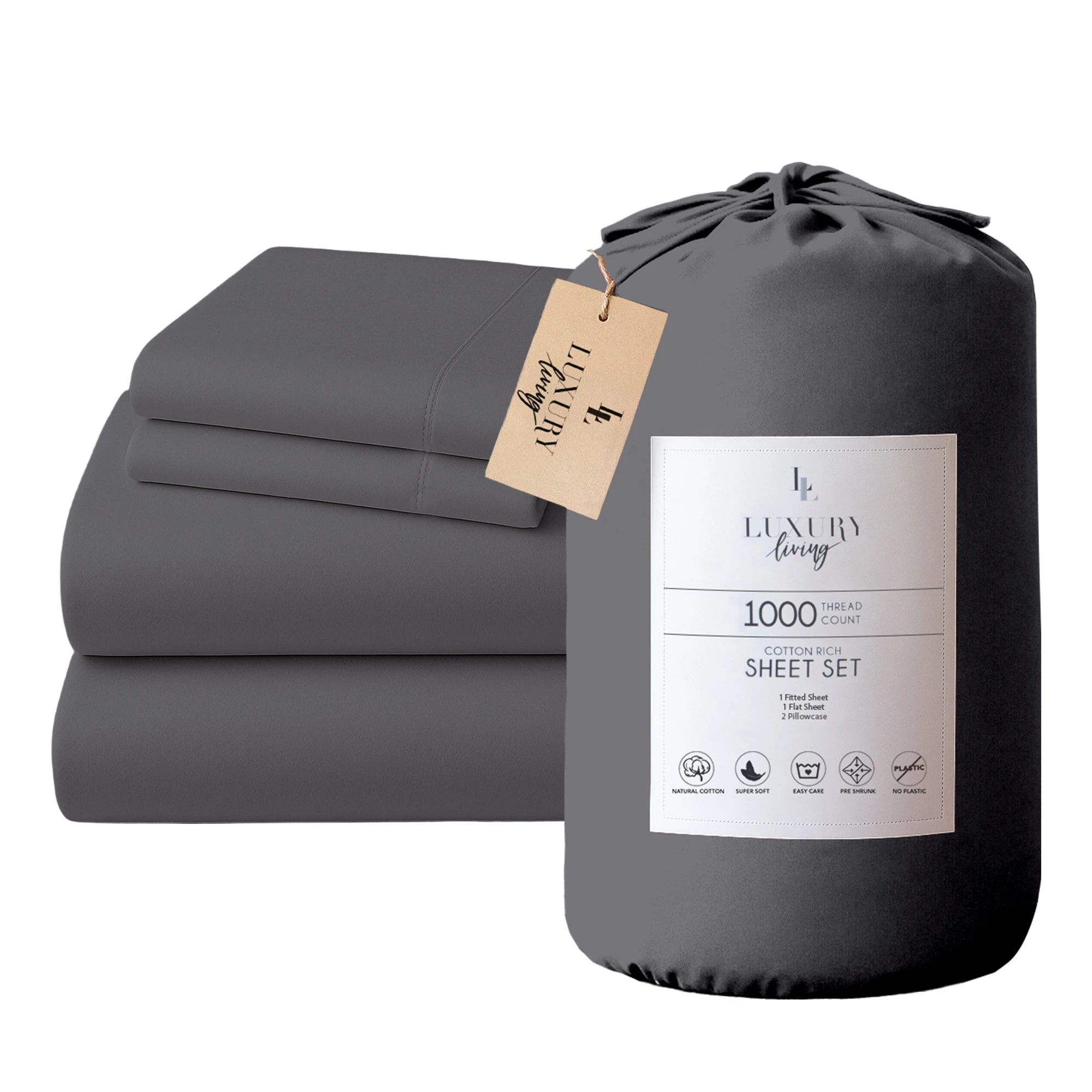 1 4pc 1000 Thread Count Cotton Rich Sheet Gift Pack Cvc Microfibre Blend In Charcoal
 - King Bed, 1 of 10