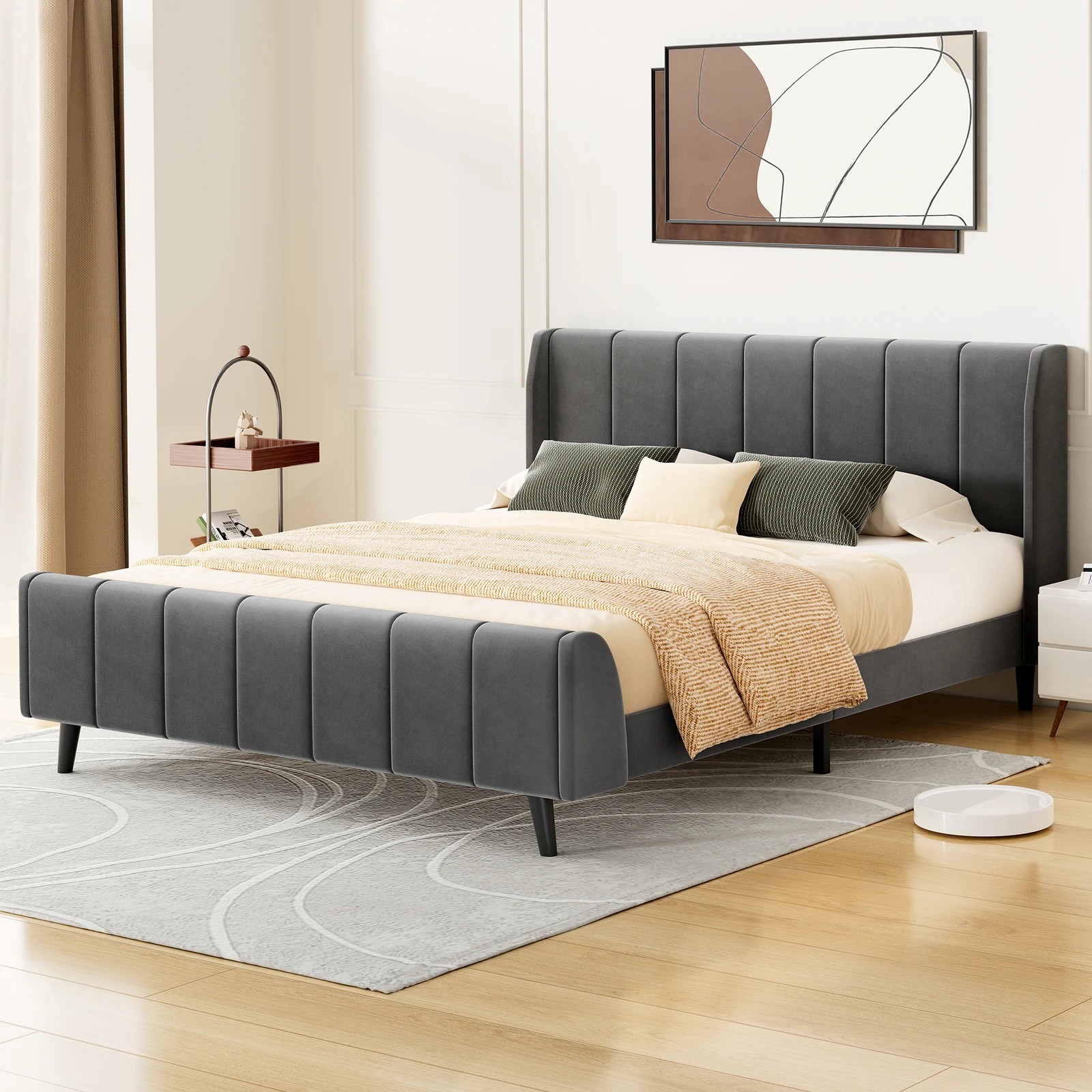 2 Alfordson Bed Frame King Size Tufted Headboard Base Velvet Hundolf - Grey, 2 of 10