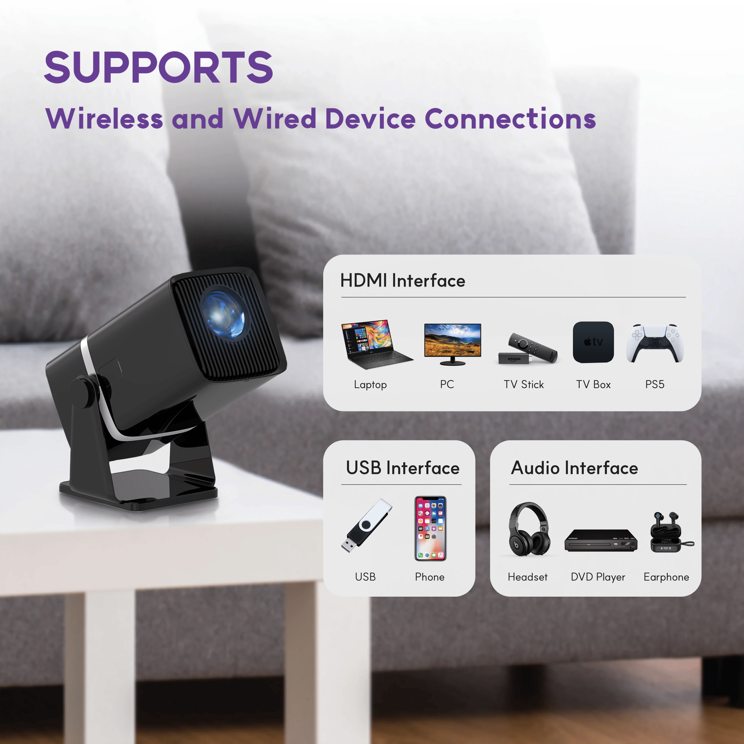 8 Alliums Mini Projector with 5G WiFi, 1080P Supported, PS5 & Phone Compatible - Black, 8 of 9