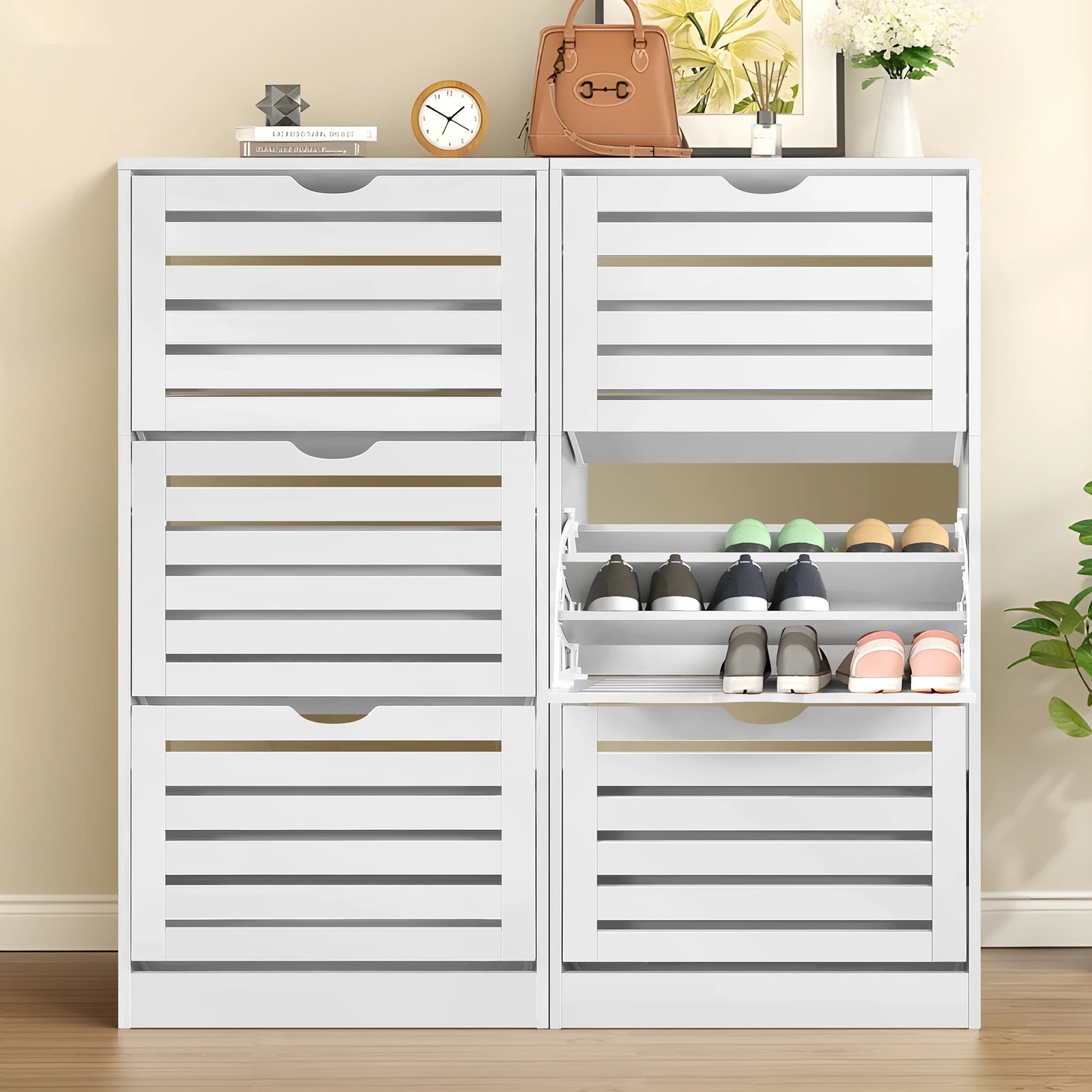 9 Alfordson 2x Shoe Cabinet Organiser Storage Rack Flip Drawers 90 Pairs - White, 9 of 10