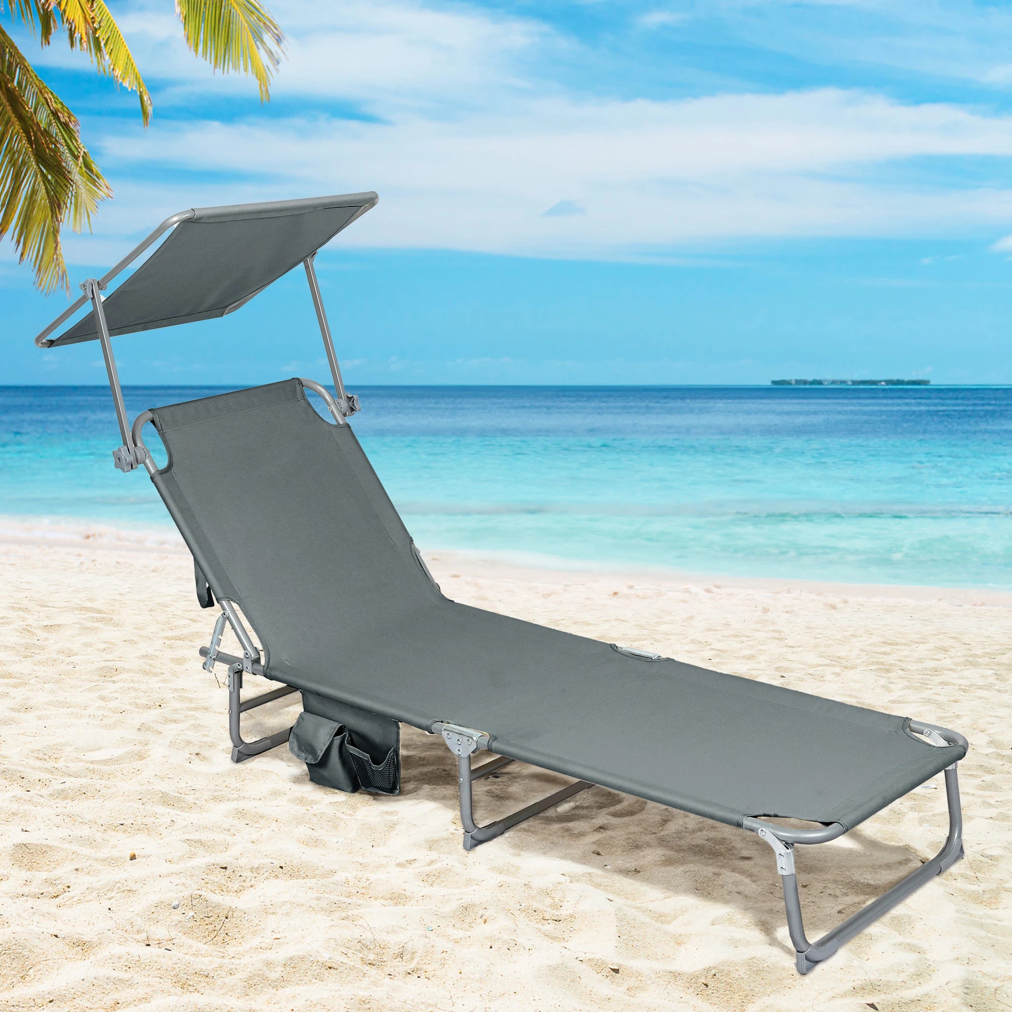 7 Levede Reclining Lounge Folding Sun Beach Chair with Canopy - Grey, 7 of 9