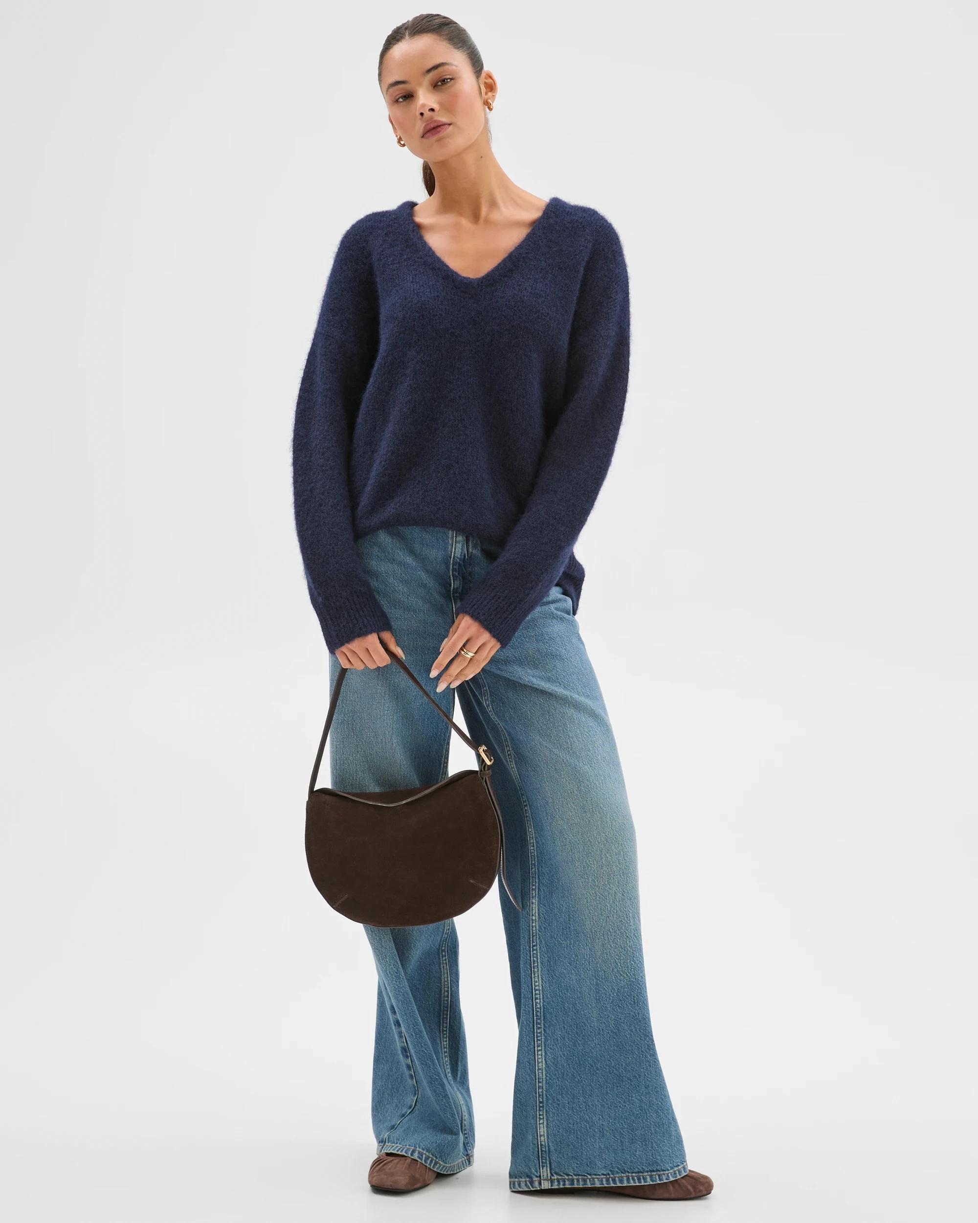 2 Lily Loves V-Neck Fluffy Knit Jumper DEEP NAVY, 2 of 7