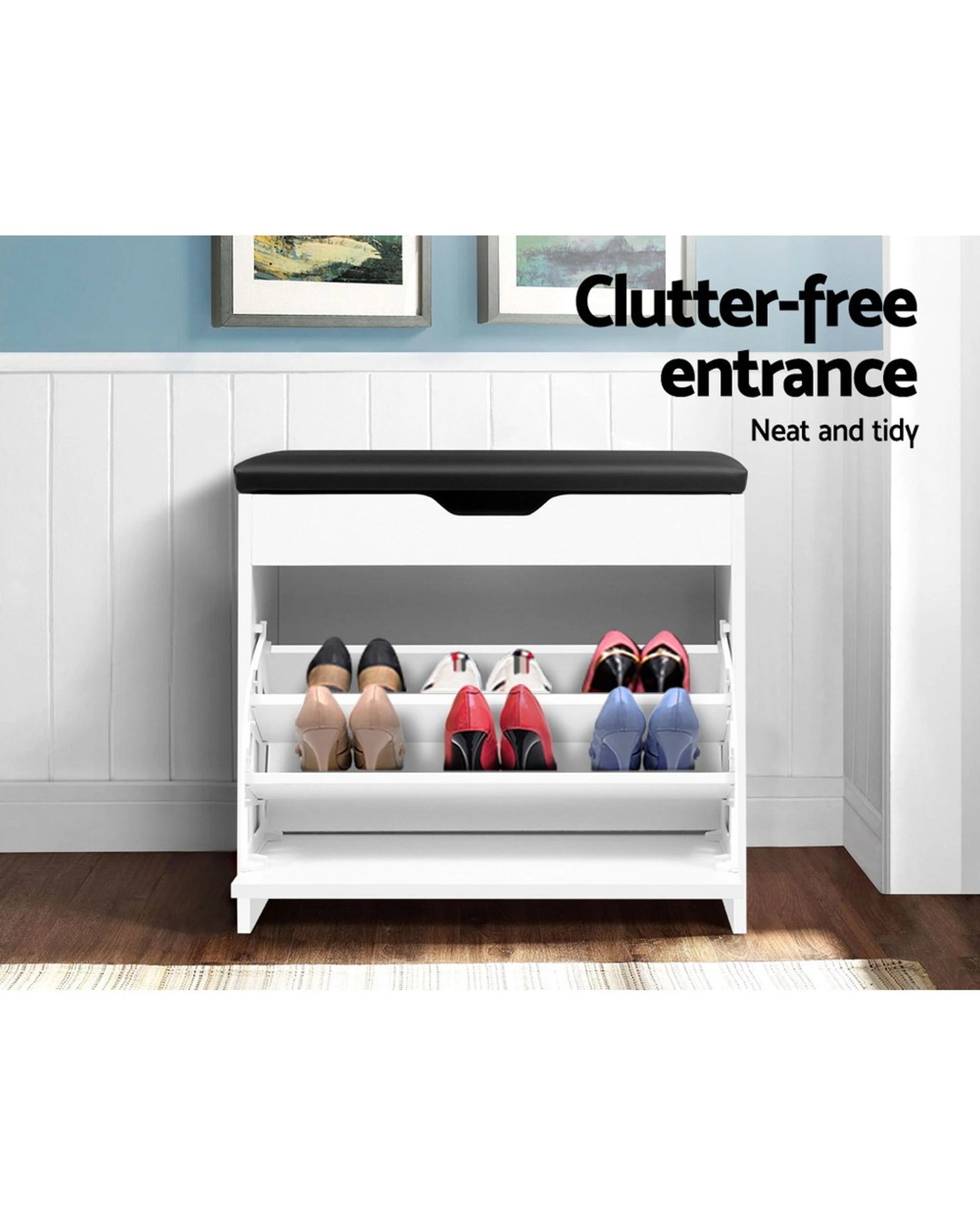 2 Artiss Shoe Rack Cabinet Bench 3-Tier 15 Pairs Entryway Storage Organizer Seat Easy Clean Sturdy Modern - White, 2 of 10