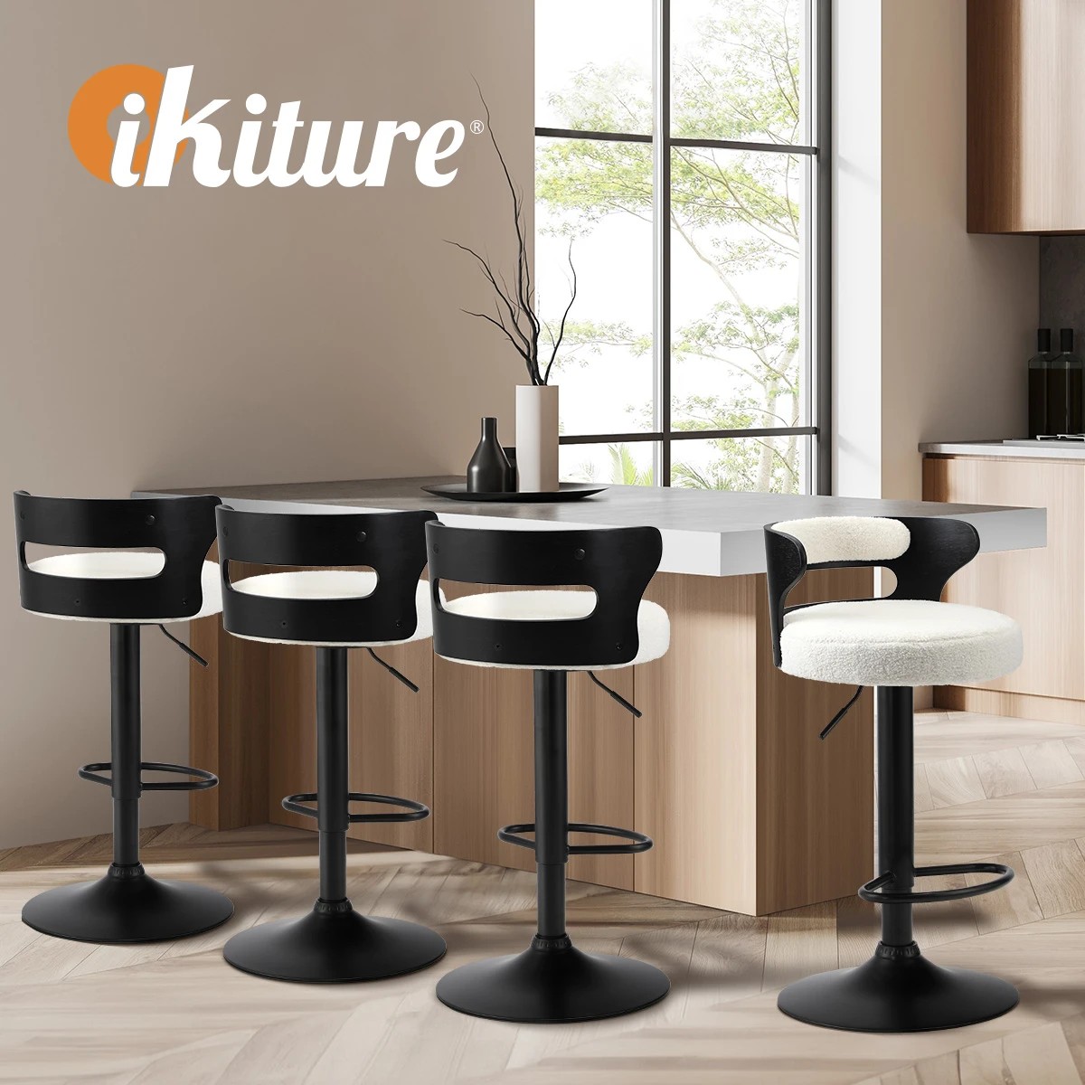 5 Oikiture 4x Bar Stools Kitchen Gas Lift Swivel Chairs Stool Wooden Boucle
 - White, 5 of 9