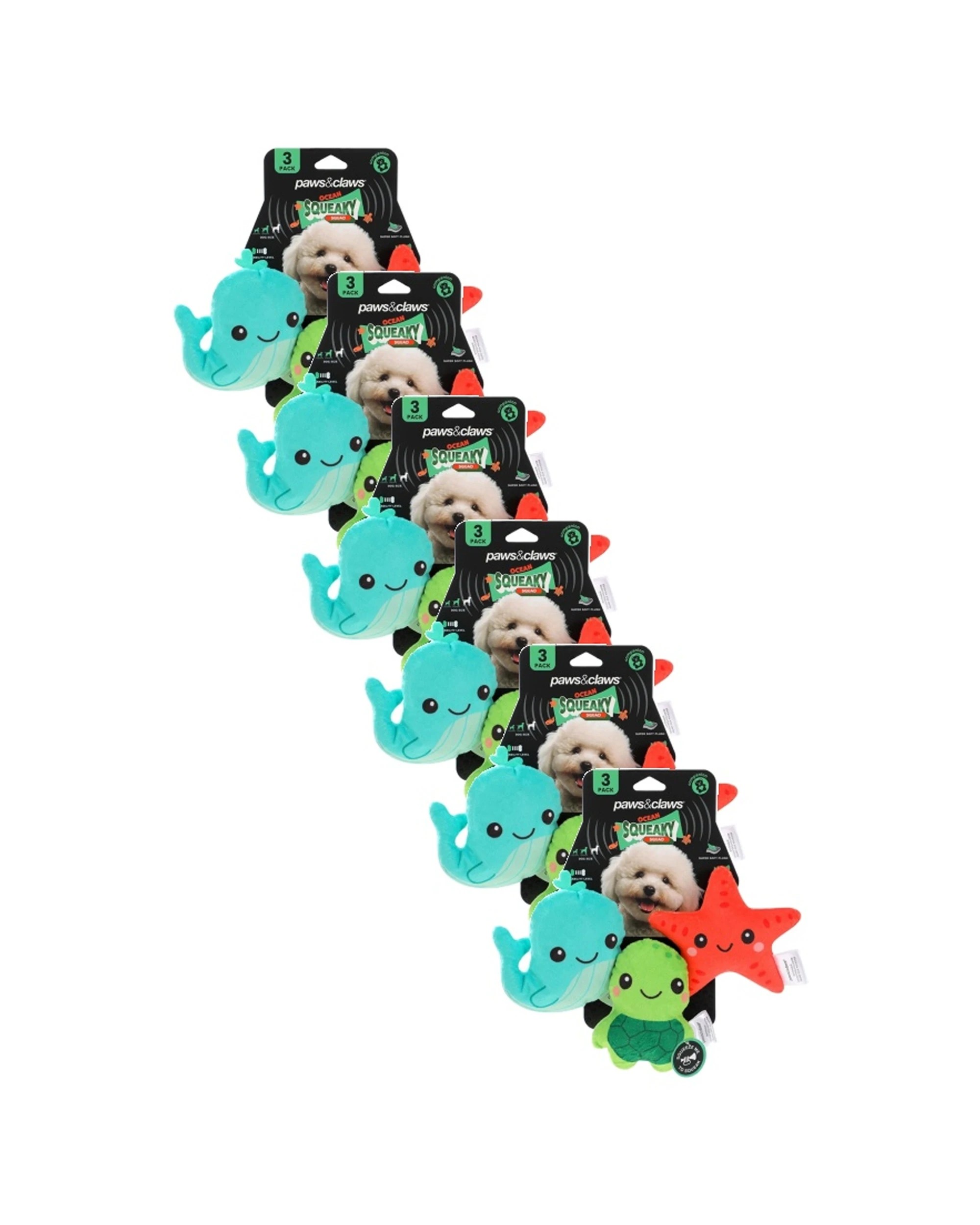 1 Paws & Claws 6x 3pc Squeaky Squad Mini Plush Pet Dog Toys - Assorted, 1 of 6