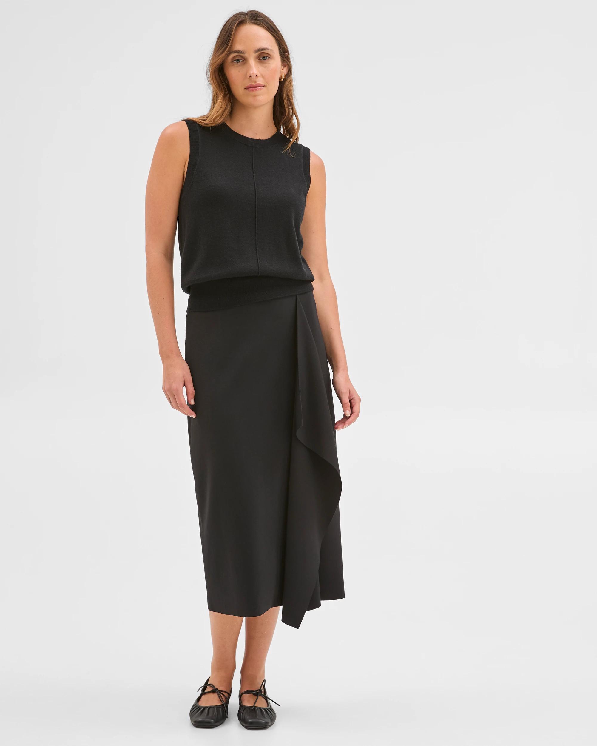 1 Preview Drape Detail Midi Skirt BLACK, 1 of 5