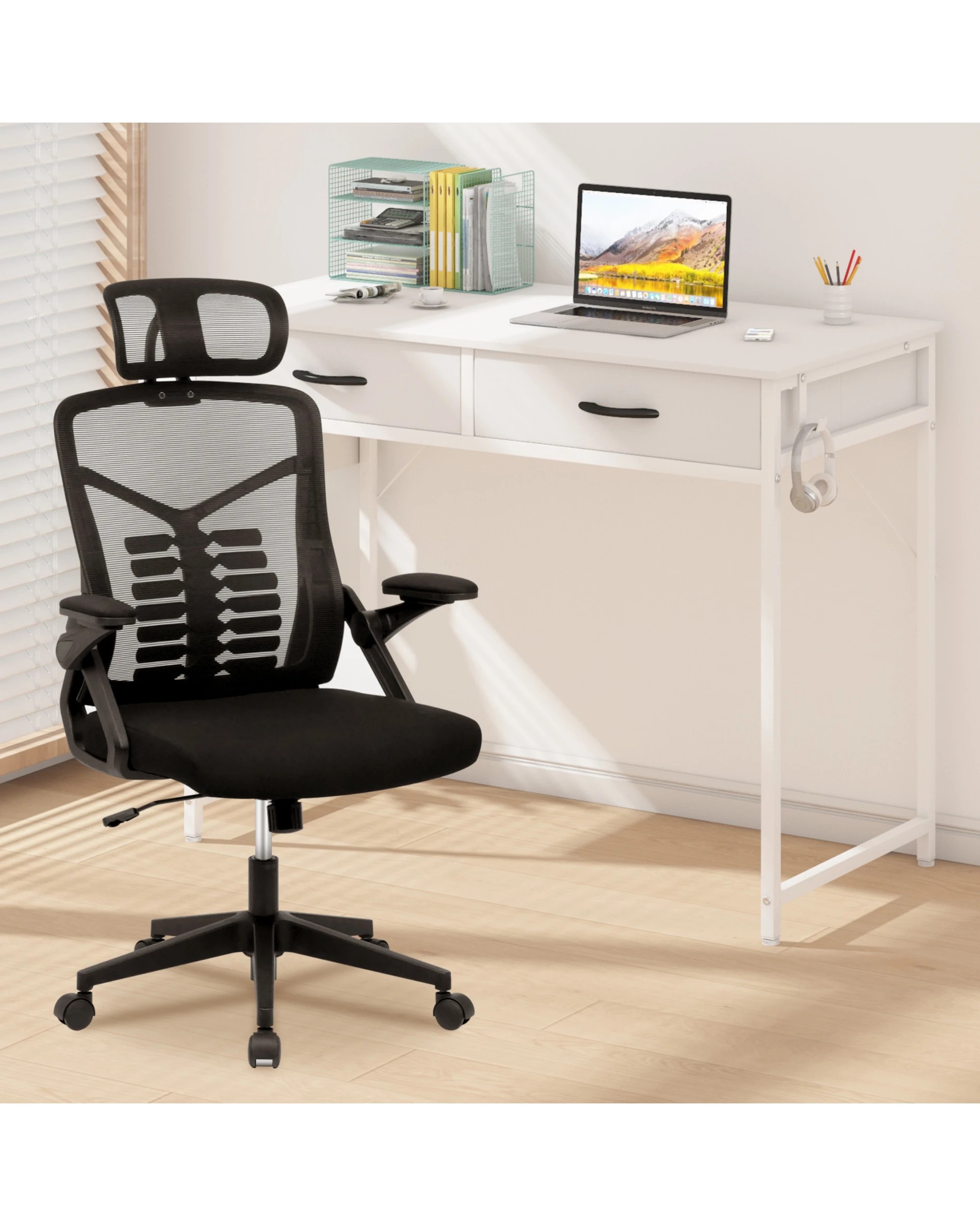 8 Advwin 100cm Small Desk With 2 Drawers And Storage Bag Makeup Vanity Desk White, 8 of 10