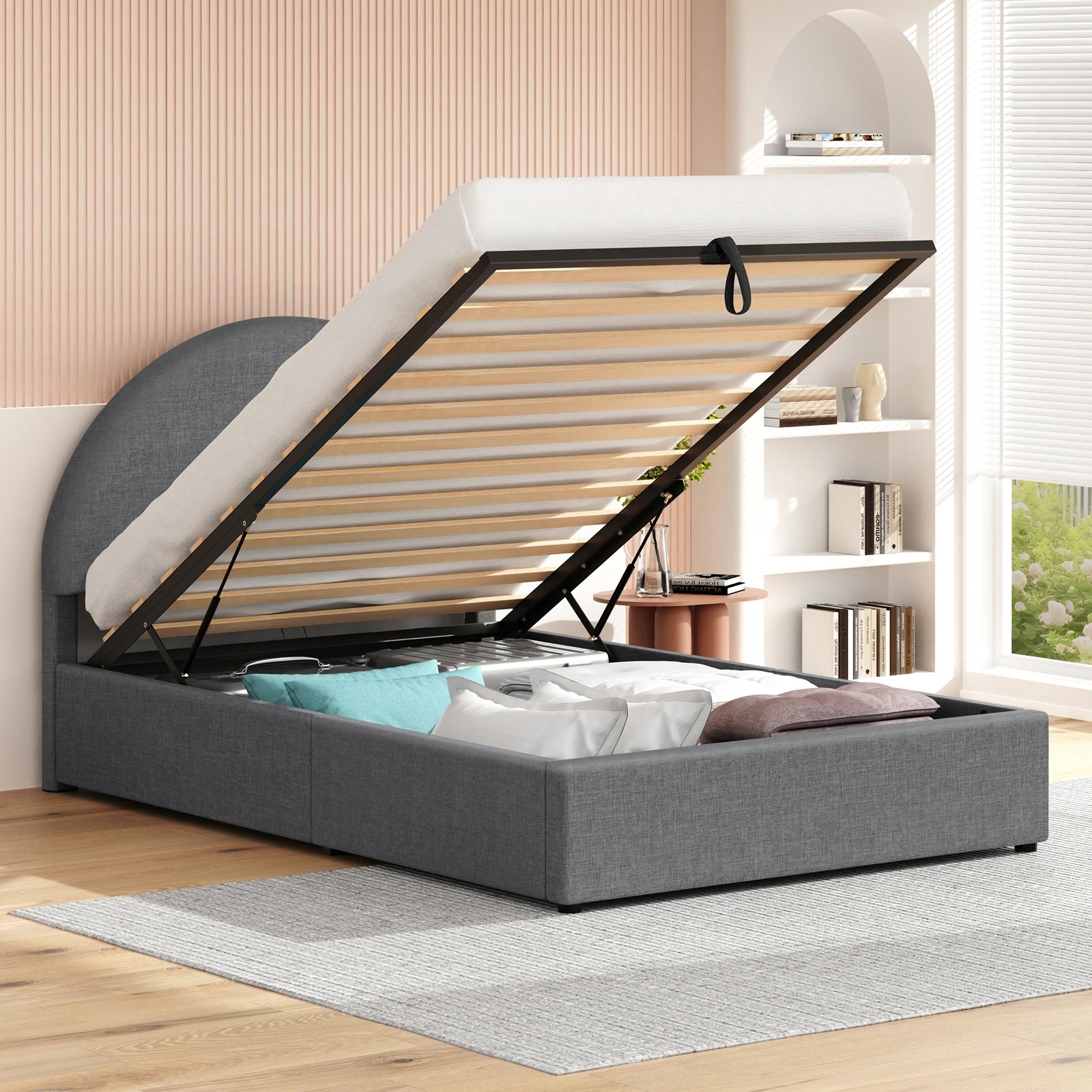 4 Alfordson Bed Frame Single Size Arched Base Gas Lift Storage Fabric Hoult - Grey, 4 of 10