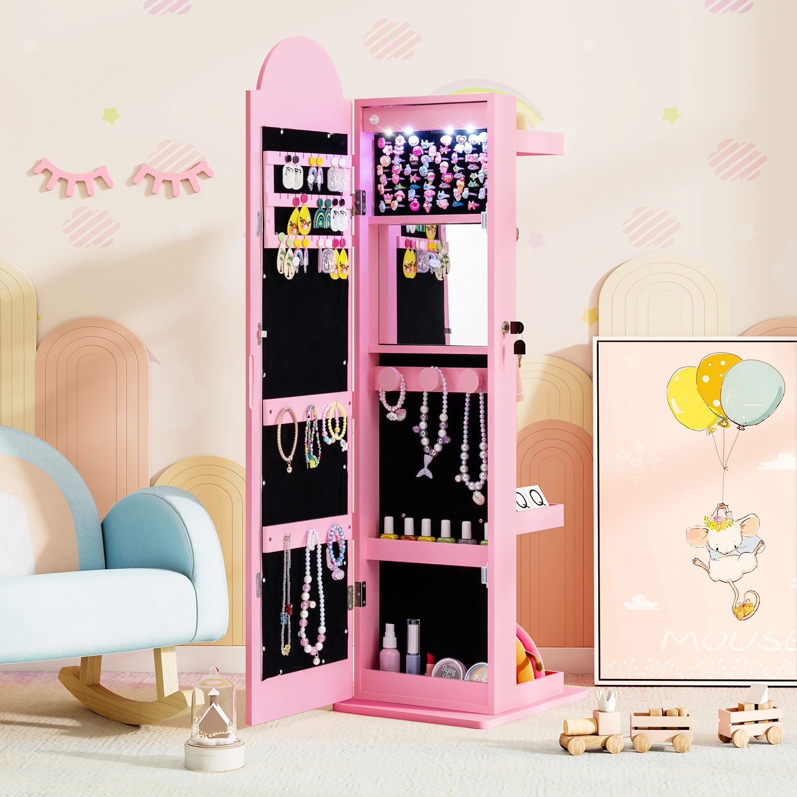 3 Costway 3-in-1 Mirror Jewellery Cabinet Jewelry Storage Organizer Princess Armoire - Pink, 3 of 3