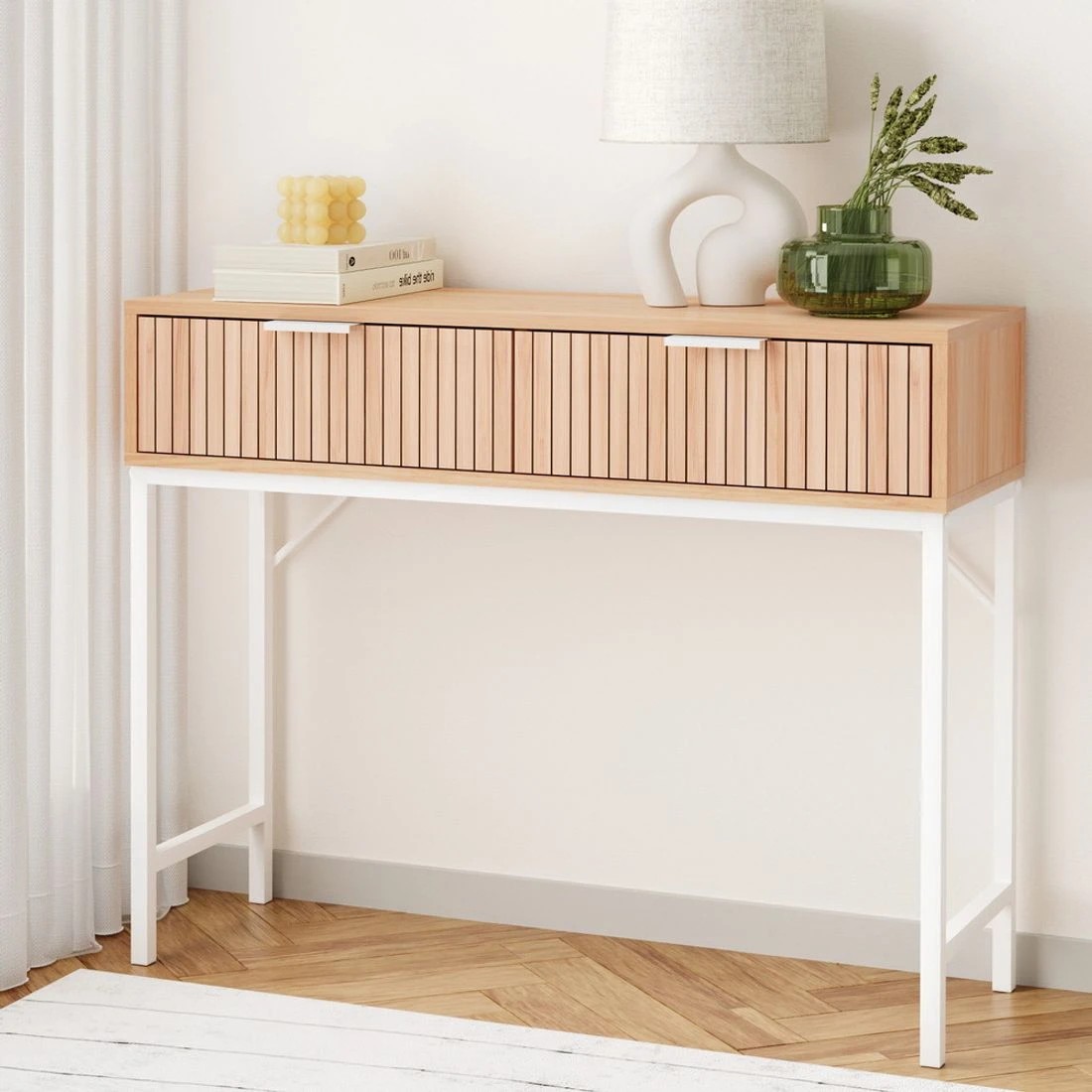 3 Artiss Console Table 2 Drawers 92CM - Natural, 3 of 8