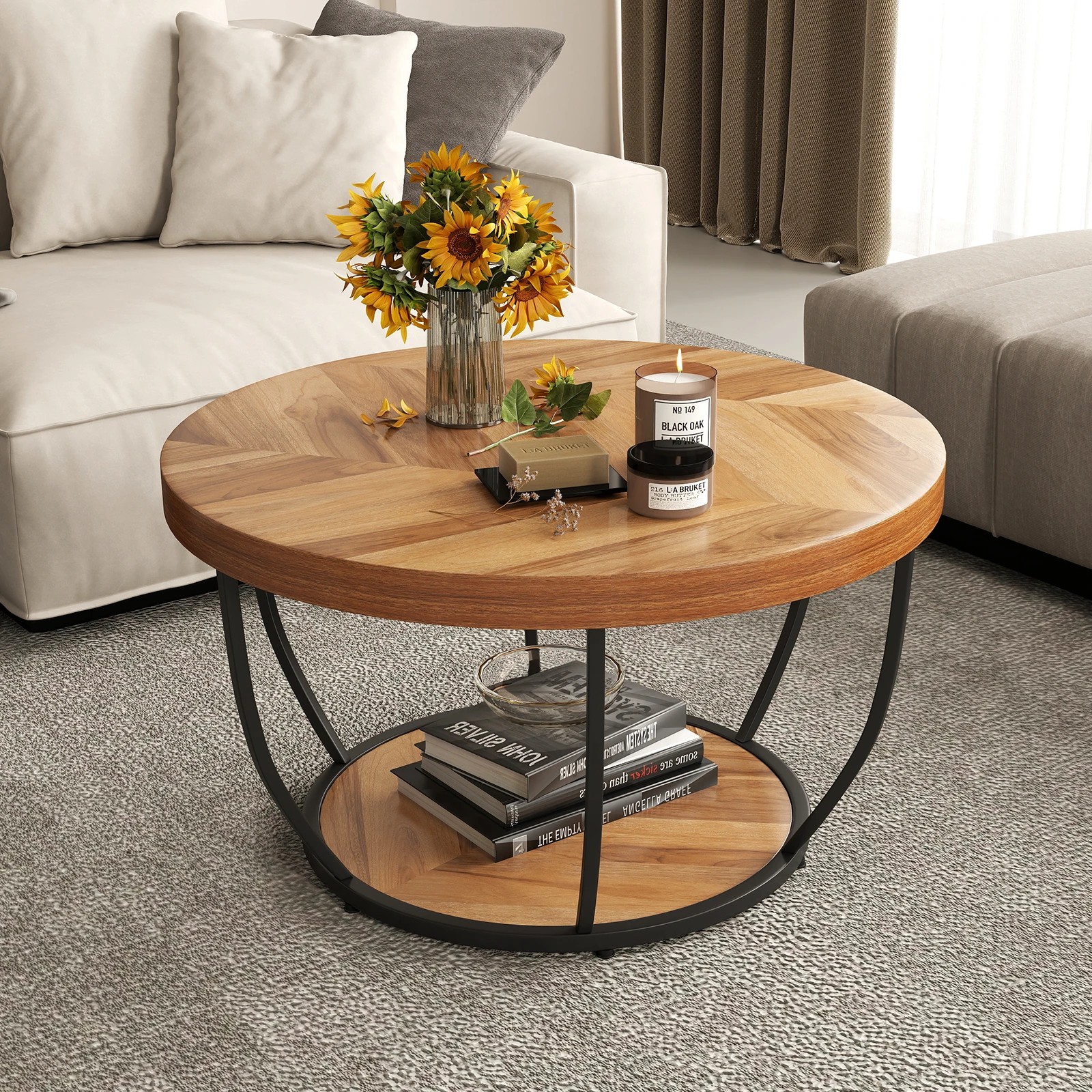 2 Costway 2-Tier Round Coffee Table Heavy-duty Metal Frame Tea Cocktail Table, 2 of 5