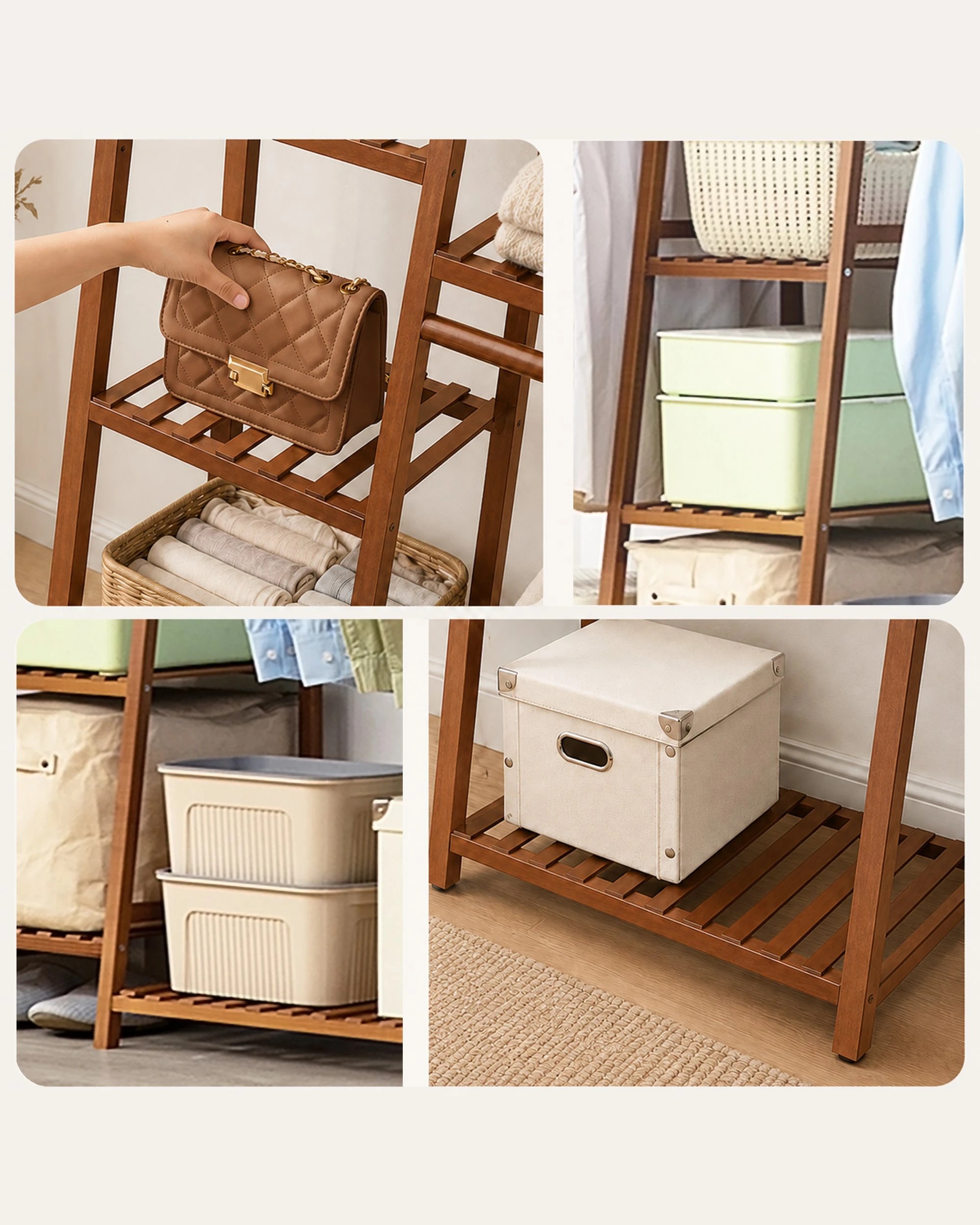 8 Foret Tea Brown Bamboo Double Clothes Rack With Shelves, 8 of 8