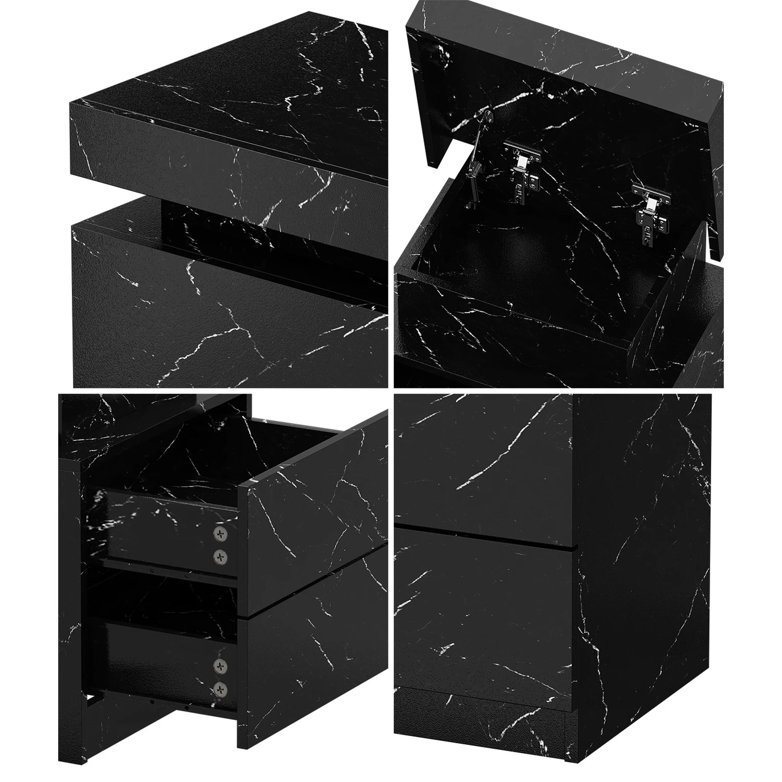 4 Oikiture 2x Bedside Table 2 Drawers LED Nightstand Marble Effect - Black, 4 of 7