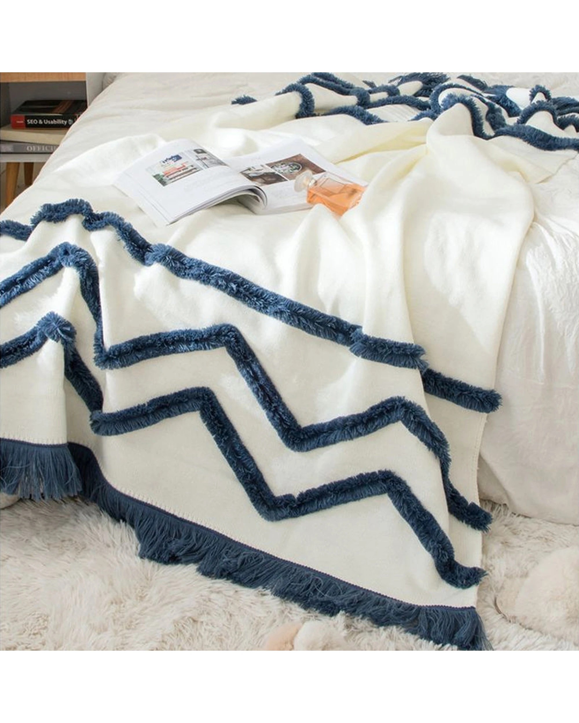 3 Cotton More Acrylic Knitted Blanket Tufted Tassel 130x160cm - Blue, 3 of 5