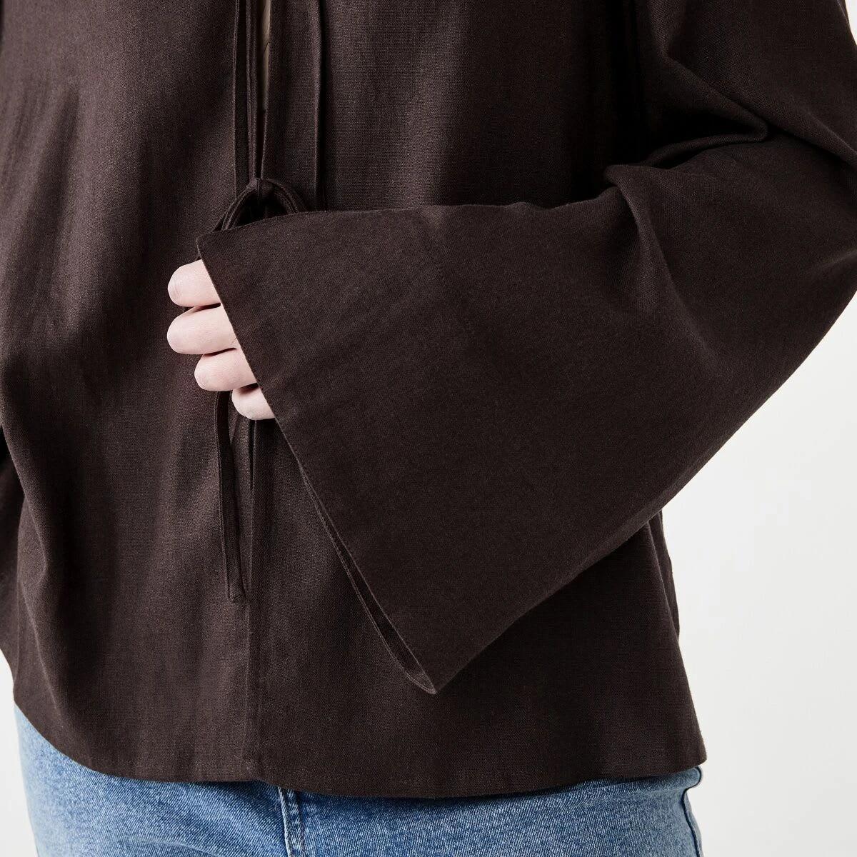 6 Long Sleeve Tie Front Linen Blend Top MELTED CHOCOLATE, 6 of 6