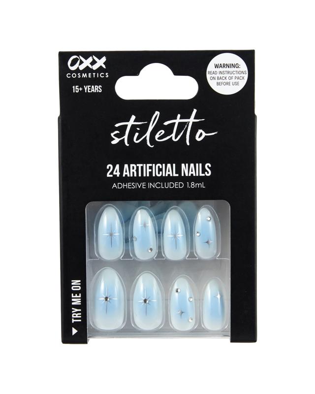 OXX Cosmetics 24 Pack Artificial Nails with Adhesive - Pointed Stiletto Shape, Blue Aura S