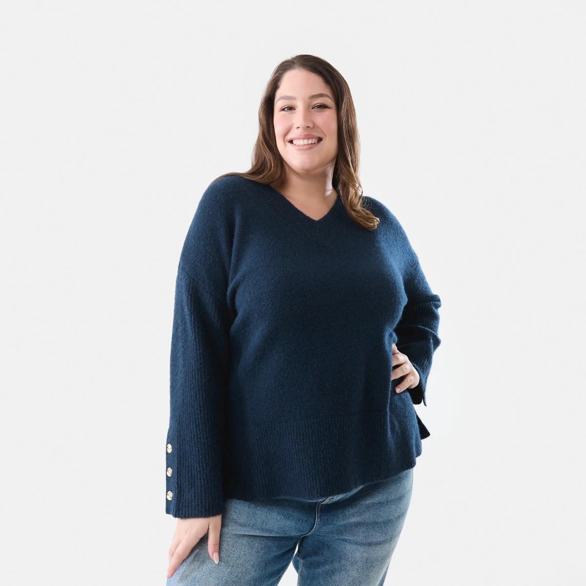1 Curve Button Detail V-Neck Jumper Navy Blaze, 1 of 6