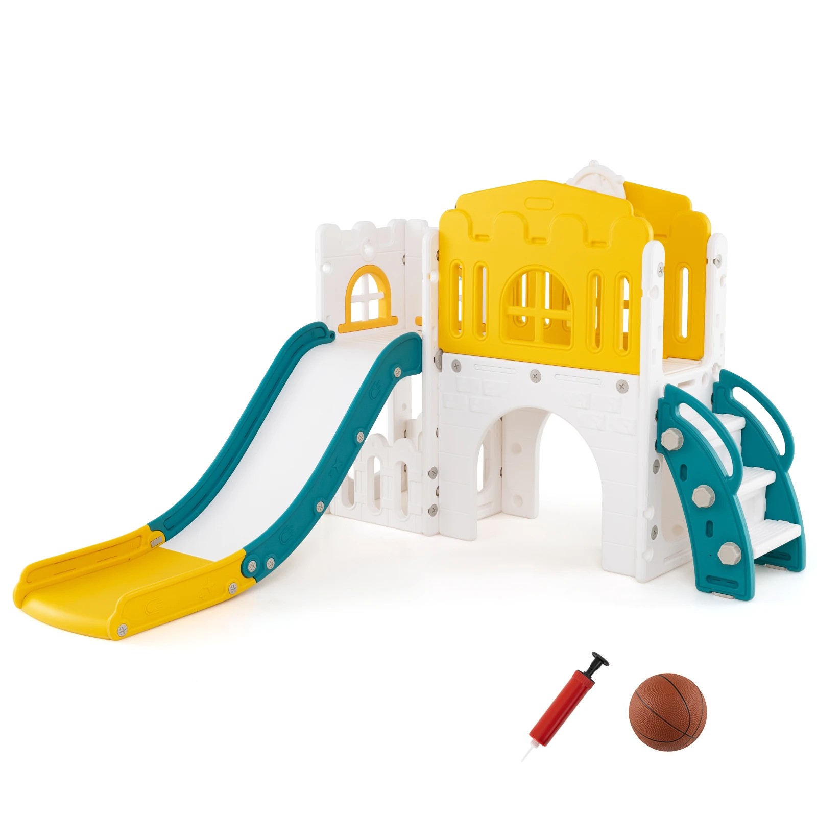 1 Costway 9-in-1 Slide Set Climber w/Basketball Yellow, 1 of 2