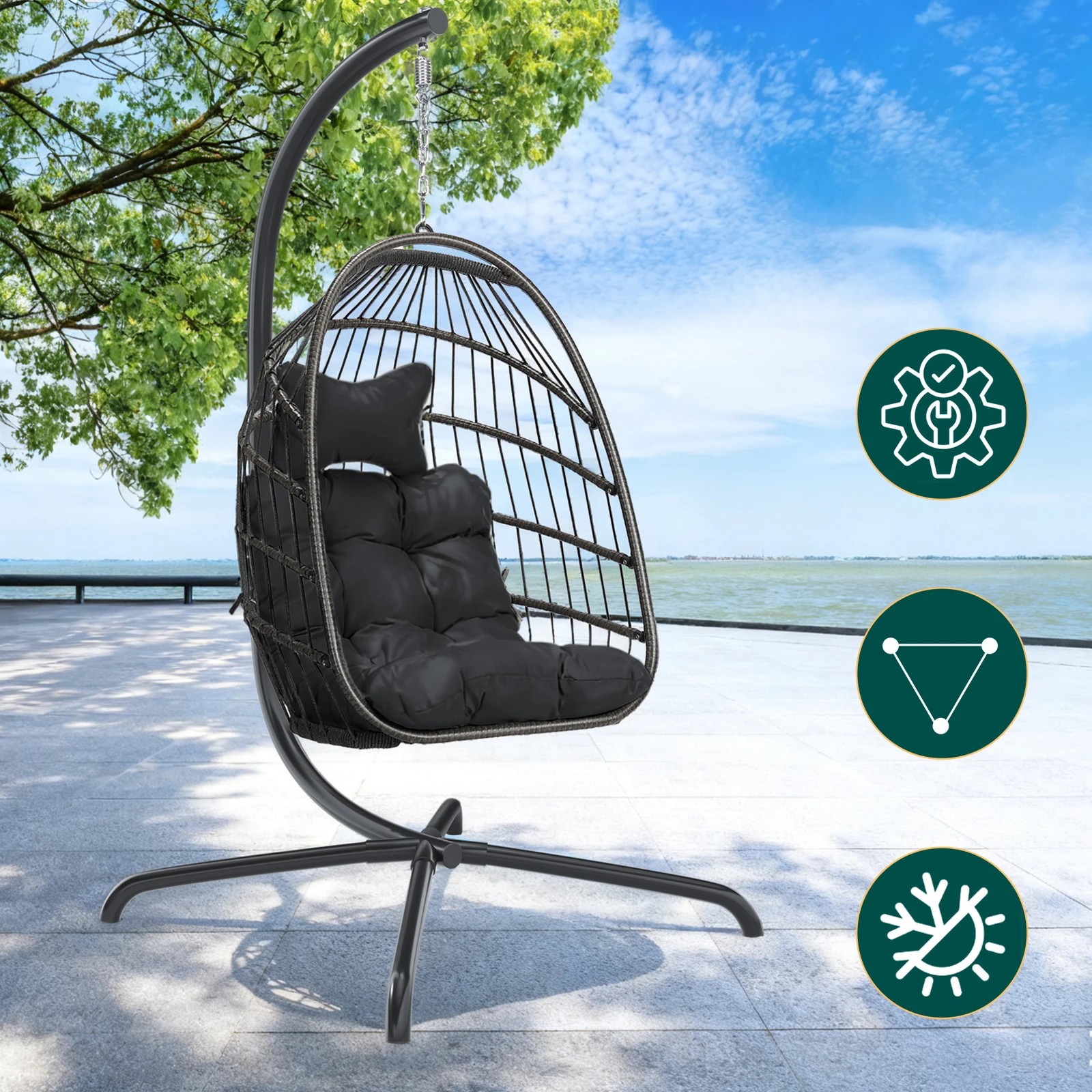 3 Alfordson Outdoor Egg Swing Chair Wicker Rattan Pod Foldable Seat - Grey, 3 of 10