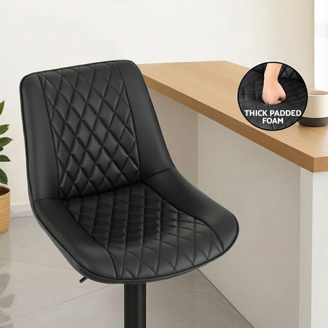 5 Artiss 2x Bar Stools Kitchen Swivel Gas Lift Counter Chair Diamond Leather - Black, 5 of 6