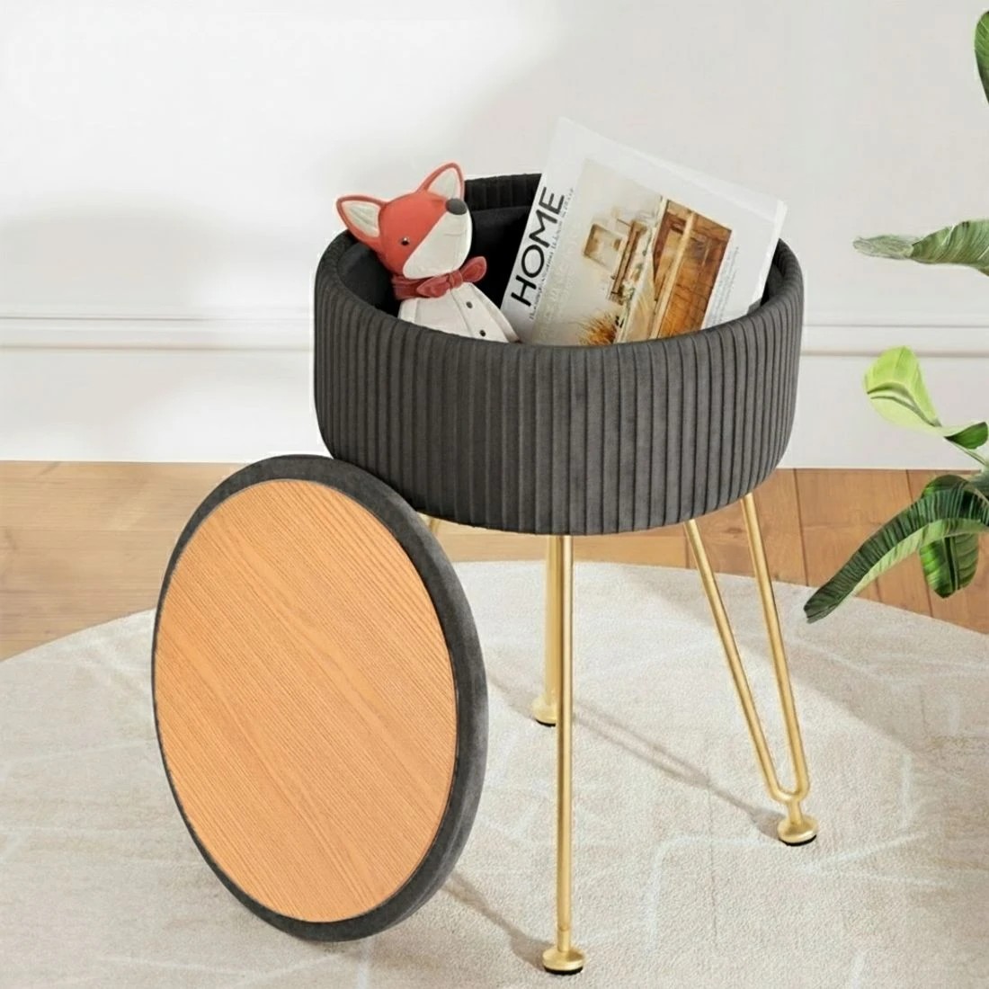 5 Artiss Ottoman Storage Foot Stool Vanity Velvet Round - Grey, 5 of 6