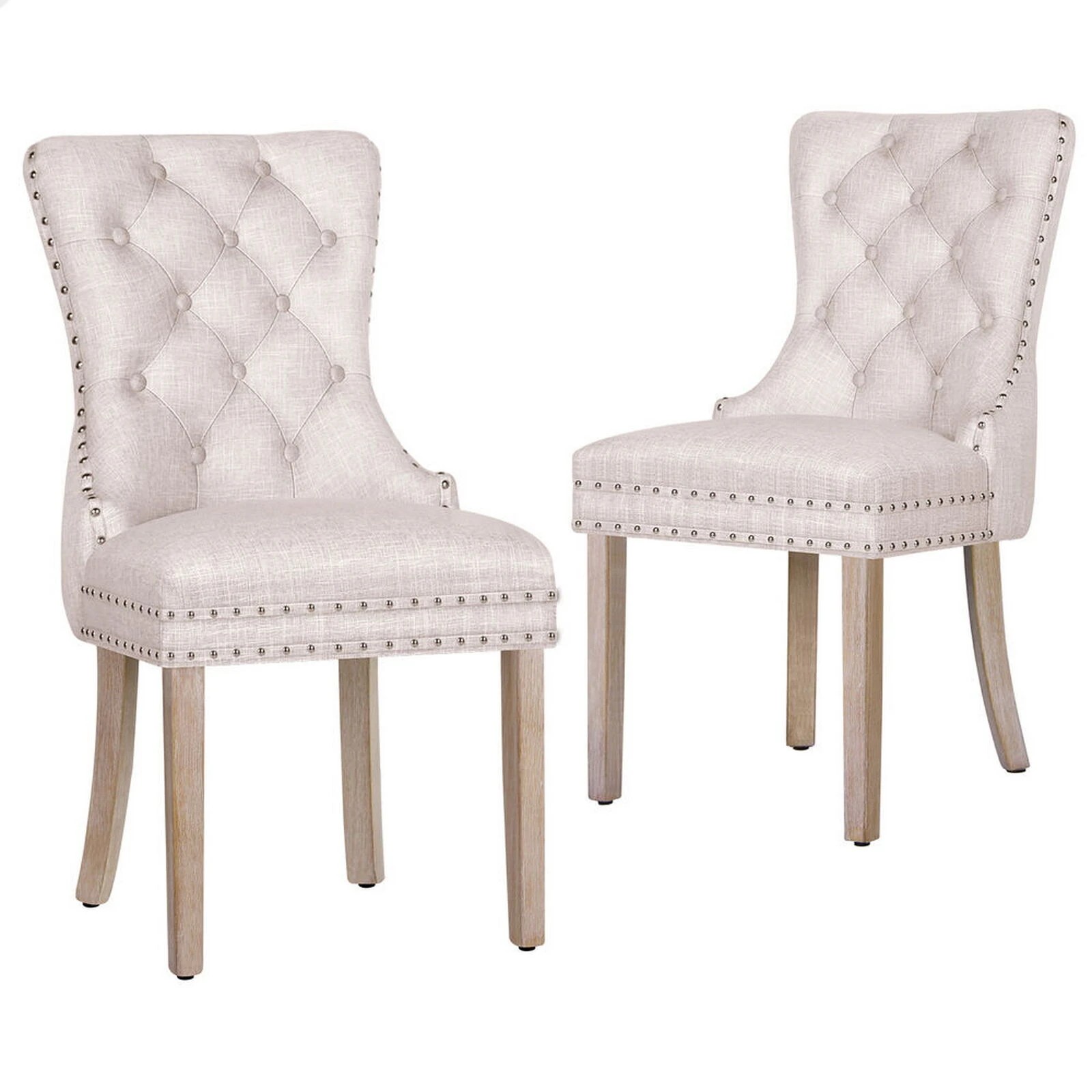 1 Alfordson 2x Dining Chair Kitchen Lounge Retro Button Tufted Wooden Fabric - Beige, 1 of 10